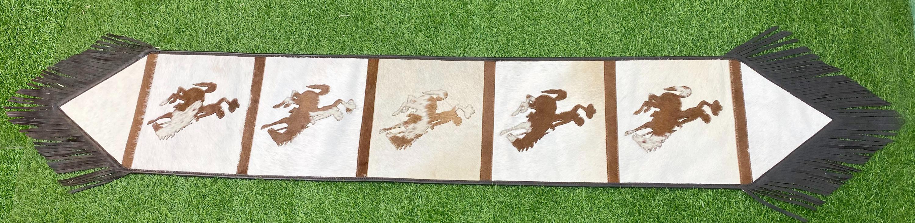 MOUSM Real Cowhide Leather Table Runner – 72x12 Inches, Decorated with Laser-Cut Riding Horse & Jockey Patch with Fringe at Corners, Perfect for Christmas Décor