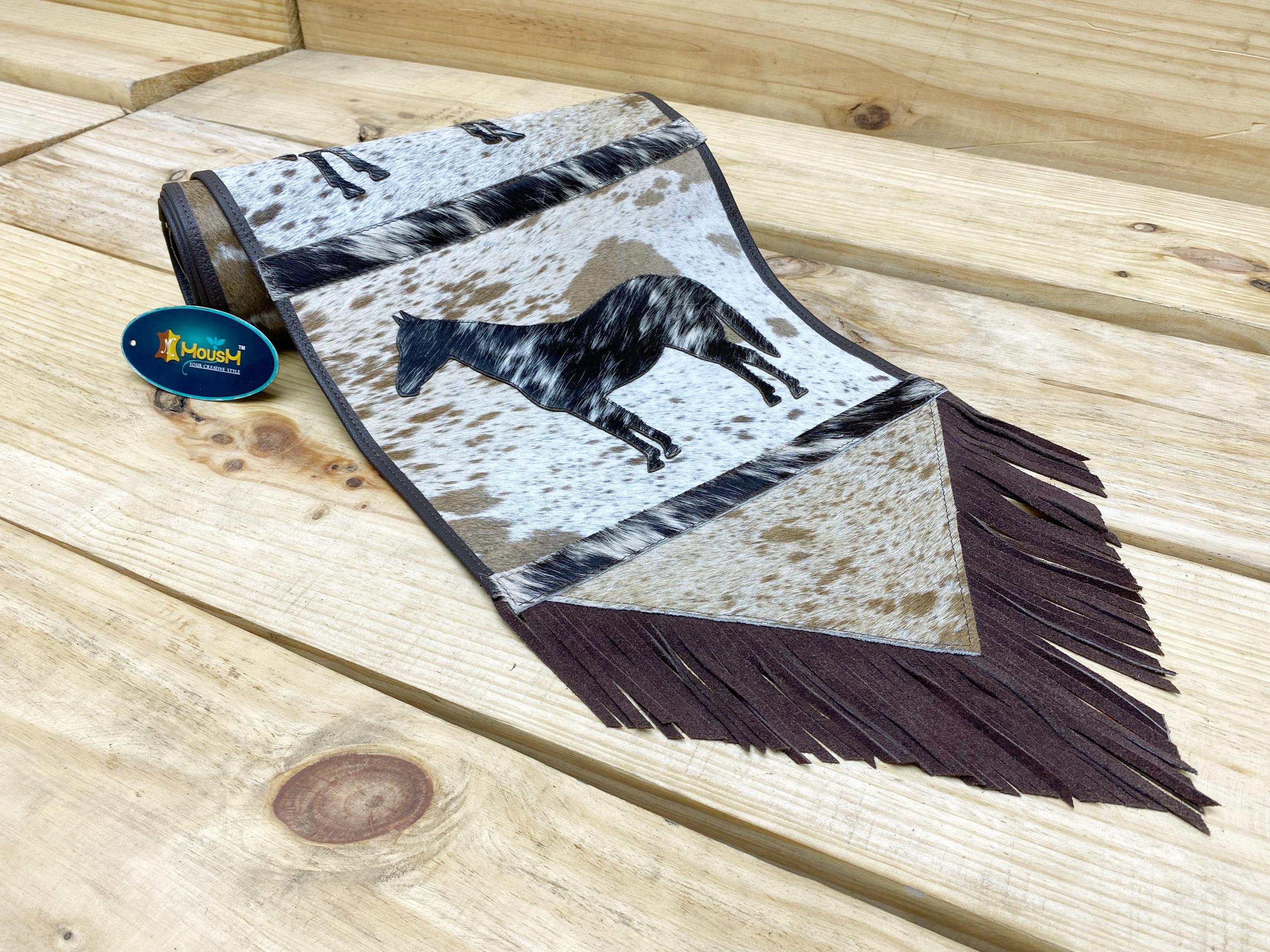 MOUSM Real Cow Hide Hair-On Leather Table Runner 72x12 Inches, Handcrafted with Embroidered Standing Horse Cutout Print and Leather Brown Fringe Both Side