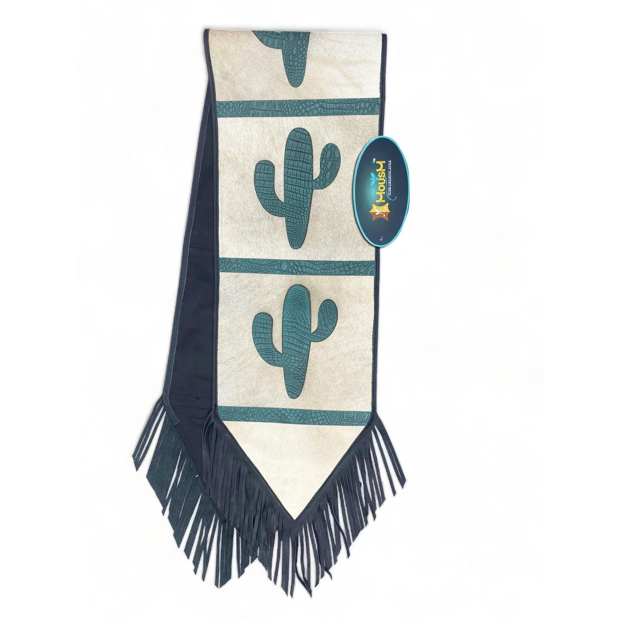 MOUSM Real Cow Hide Leather Table runner 72x12 Inches - Decorated with Laser-Cut Turquoise Engraved Western Cactus Patch In Centre, Leather Black Fringe on Both Side