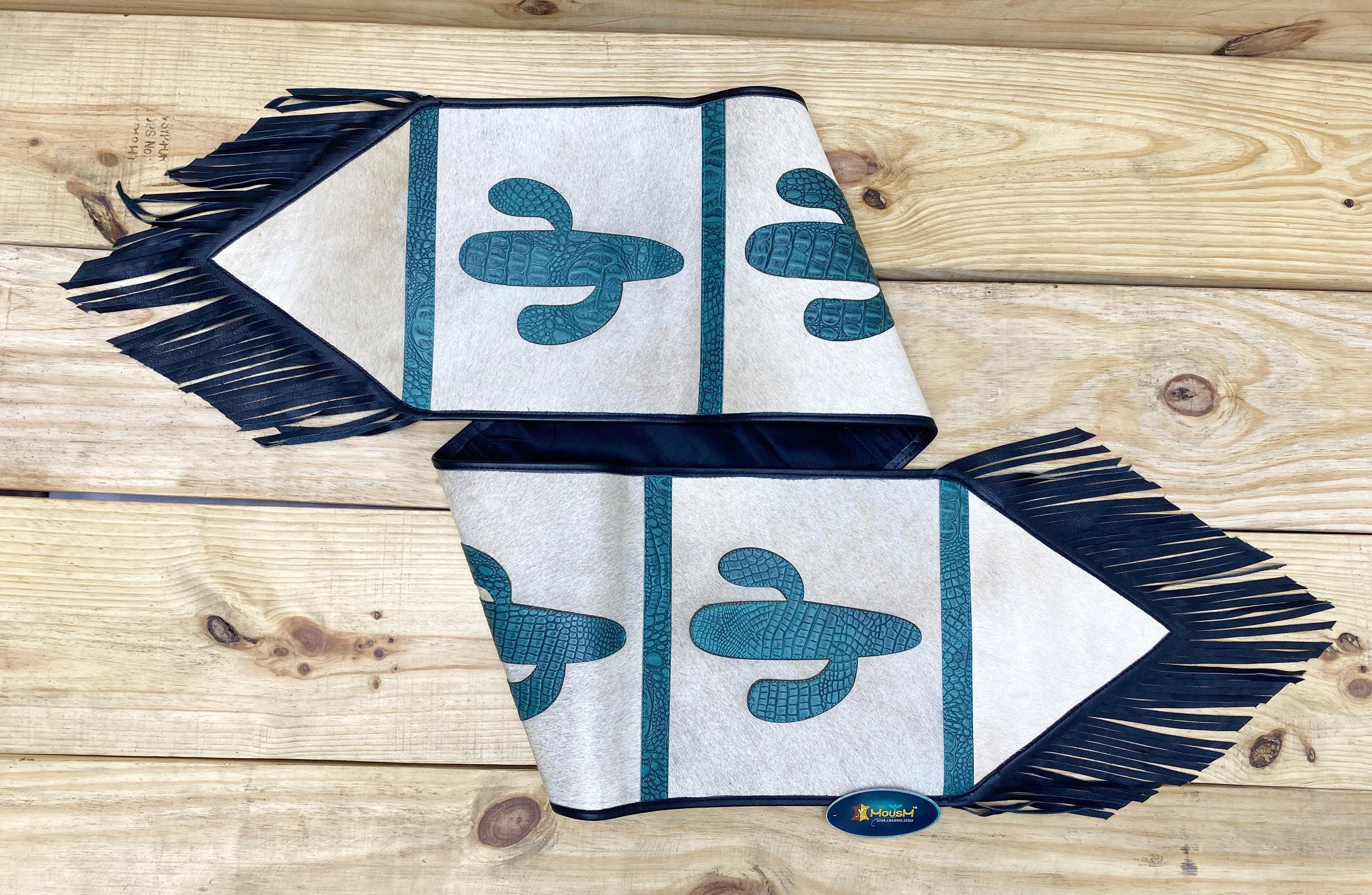 MOUSM Real Cow Hide Leather Table runner 72x12 Inches - Decorated with Laser-Cut Turquoise Engraved Western Cactus Patch In Centre, Leather Black Fringe on Both Side