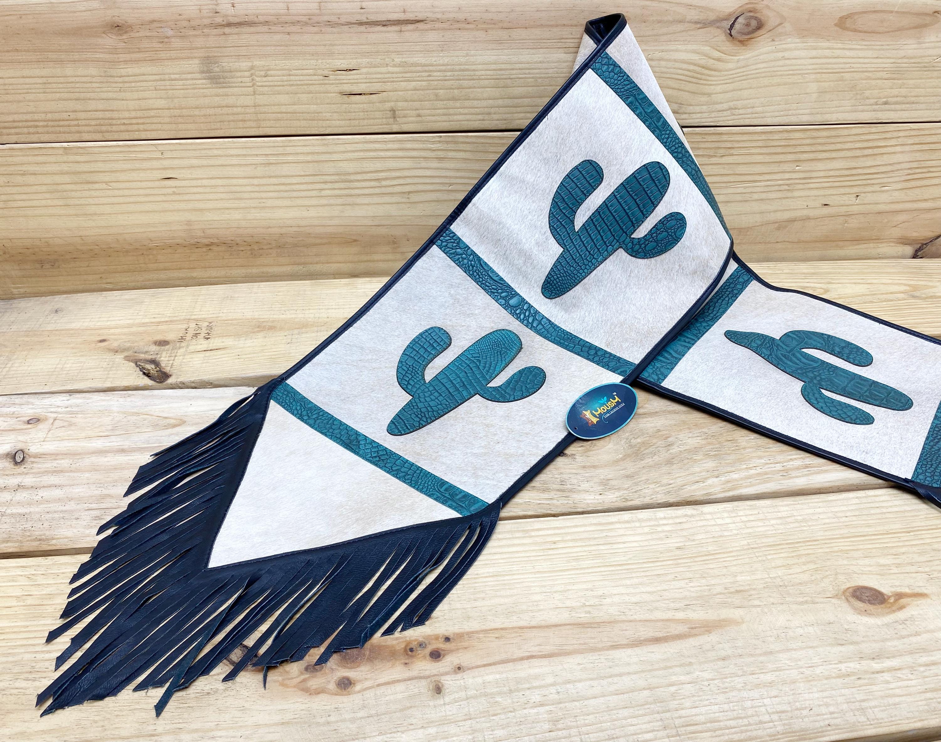 MOUSM Real Cow Hide Leather Table runner 72x12 Inches - Decorated with Laser-Cut Turquoise Engraved Western Cactus Patch In Centre, Leather Black Fringe on Both Side
