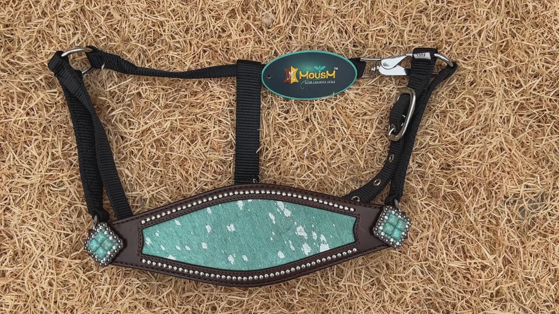 MOUSM Argentina Cow Leather Bronc Halter - Western Horse Noseband Decorated with Turquoise Metallic Acid Wash Cowhide and Rhinestones Conchos