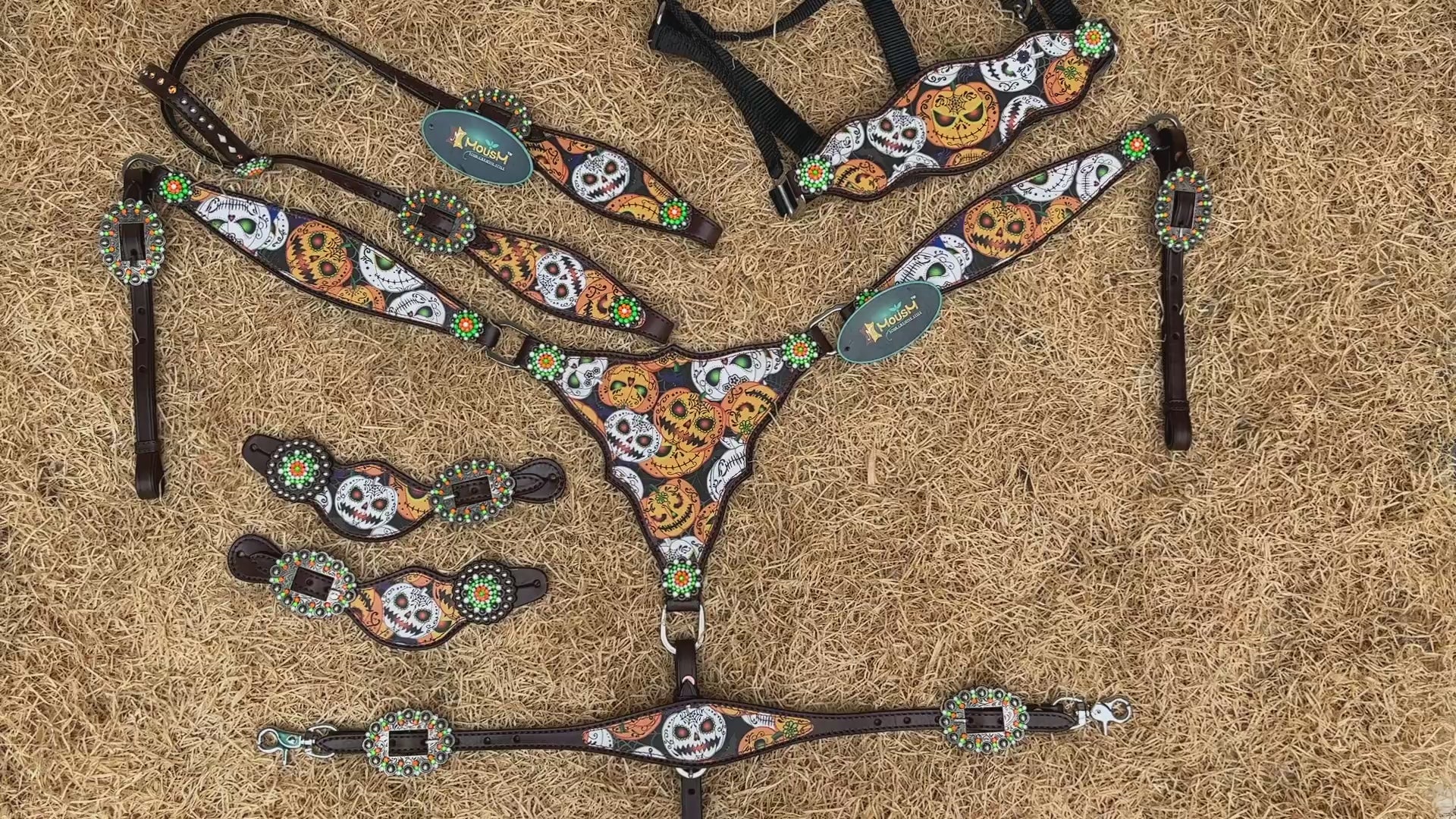 MOUSM Spooky Western Leather Headstall & Breast Collar Set – Decorated with Black-White-Orange Halloween Pumpkin Print with Reflective Rhinestone Conchos