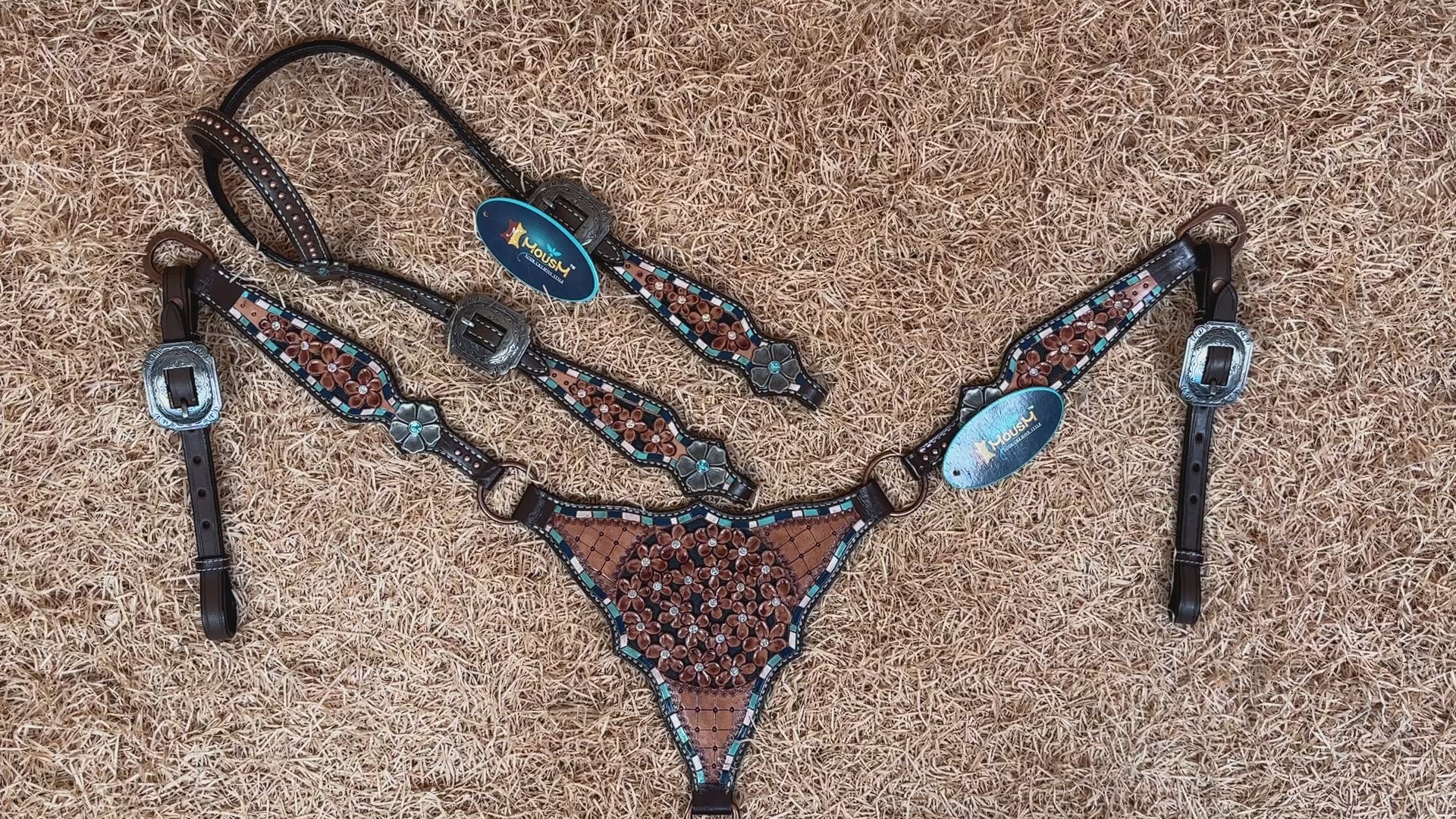 MOUSM Western Headstall and Breast Collar Set - Made with Argentina Cow Leather, Headstall Set Decorated with Filigree Flower Tooling Inlay and Antique Finish Flower Conchos