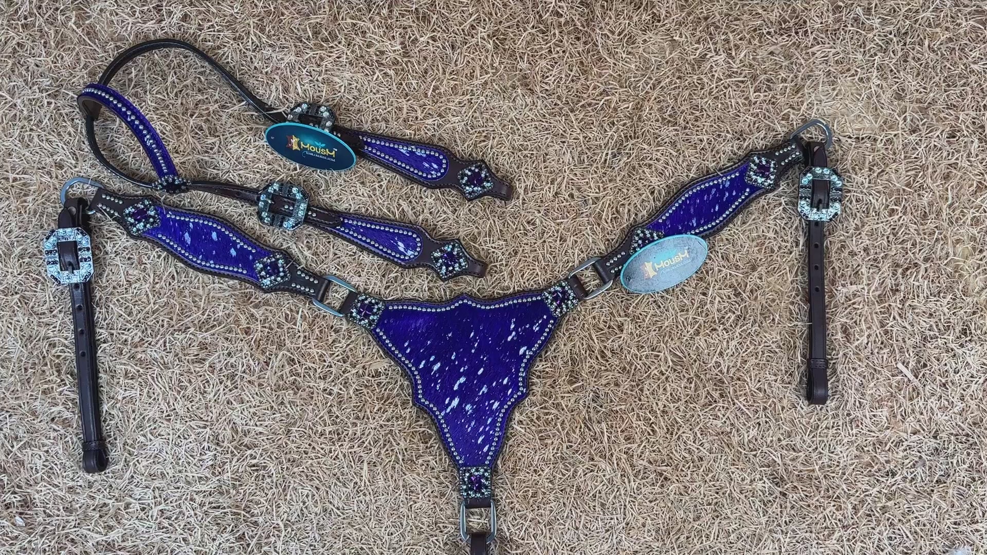 MOUSM Western Headstall & Breast Collar Set – Made with Genuine Argentina Cow Leather Decorated Middle Leather Patch with Purple Silver Metallic Acid Wash Cowhide