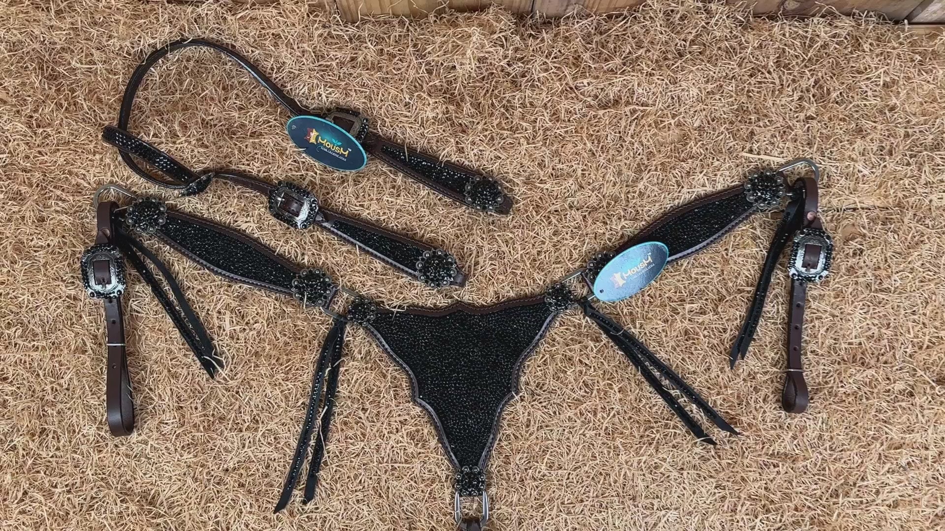 MOUSM Western Headstall and Breast Collar Set – Argentina Cow Leather Horse Tack Set Decorated with Black Rhinestones on Gladiator Breast Collar with Roping and Bling Conchos