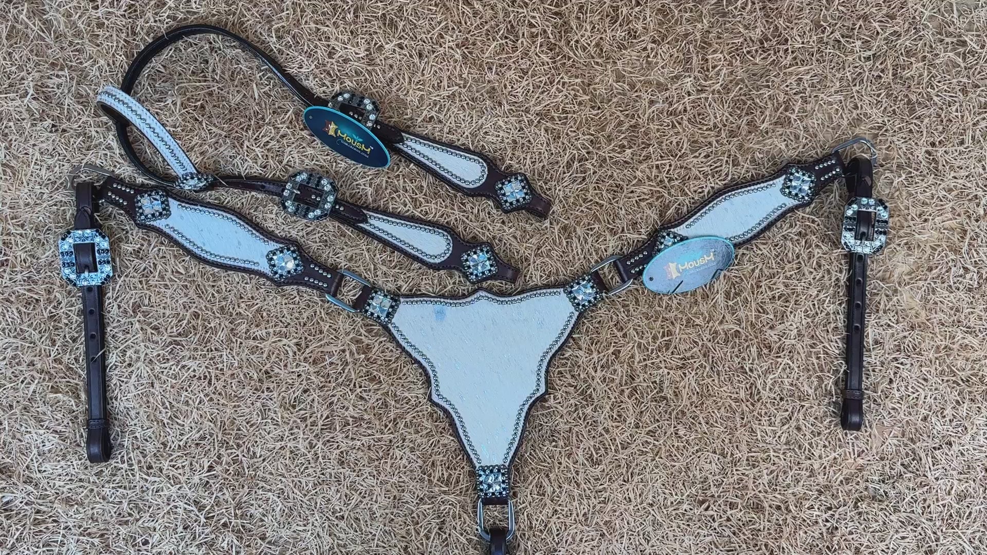 MOUSM Western Headstall & Breast Collar Set – Made with Genuine Argentina Cow Leather Decorated Middle Leather Patch with White Silver Metallic Acid Wash Cowhide
