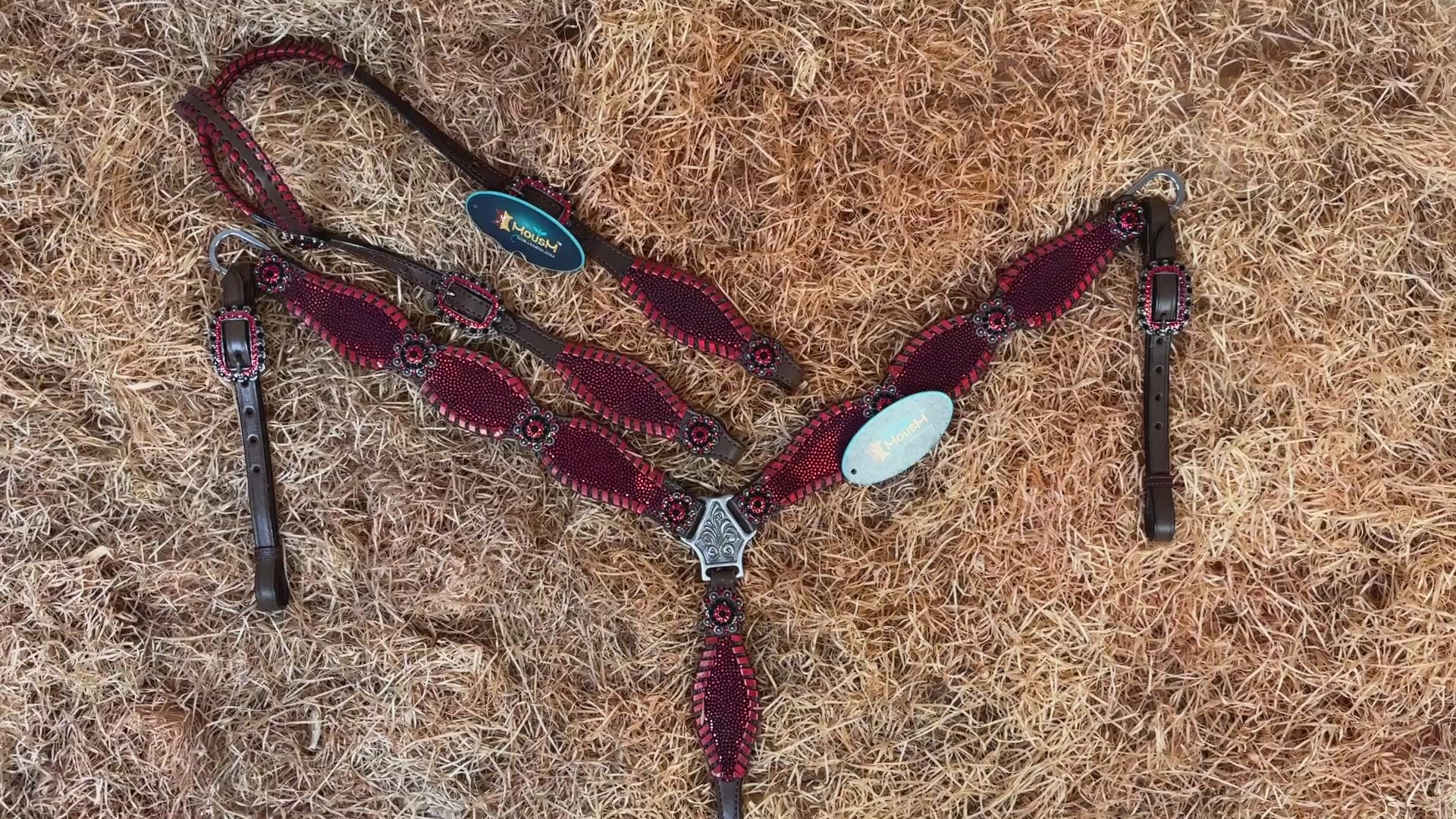 MOUSM Argentina Cow Leather Western Breast Collar and Bridle Set - Western Headstall Set Decorated with Vibrant Red Holographic Print and Red Metallic Whip Stitching