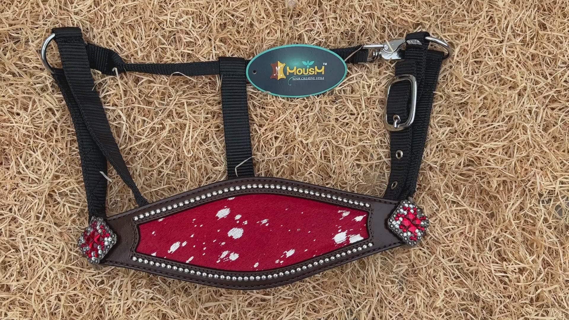 MOUSM Argentina Cow Leather Bronc Halter - Western Horse Noseband Decorated with Red Metallic Acid Wash Cowhide and Rhinestones Conchos