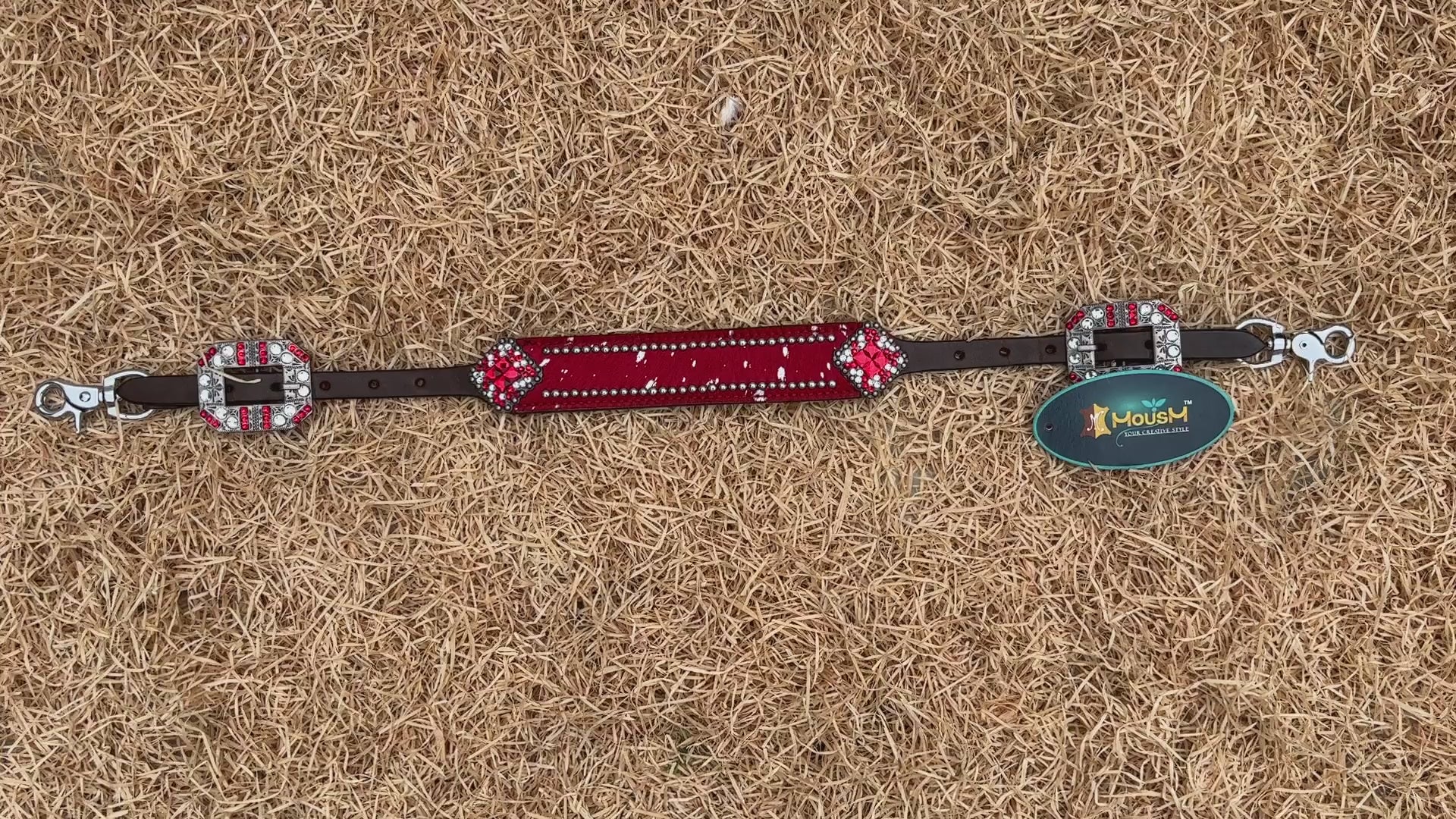 MOUSM Western Wither Strap - Stylish Horse Tack Accessory Decorated with Red Metallic Acid Wash Cowhide, Surrounded by Silver Studs, Shining Rhinestone Conchos