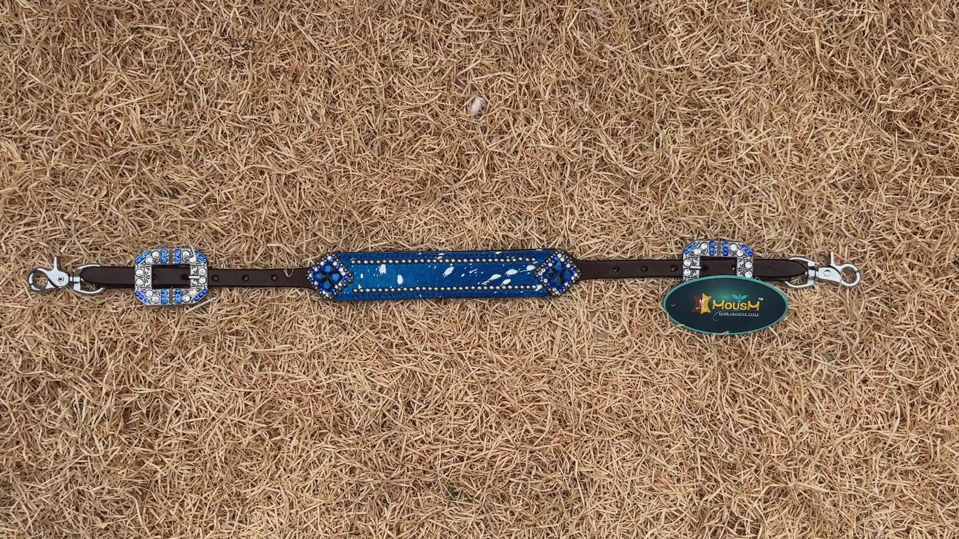 MOUSM Western Wither Strap - Stylish Horse Tack Accessory Decorated with Royal Blue Metallic Acid Wash Cowhide, Surrounded by Silver Studs, Shining Rhinestone Conchos