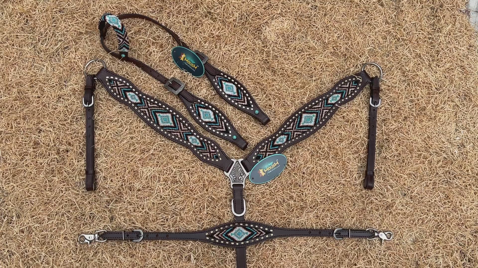 MOUSM Western Headstall & Breast Collar Set – Genuine Argentina Cow Leather with Geometric Turquoise & Brown Hand-Beaded Inlay
