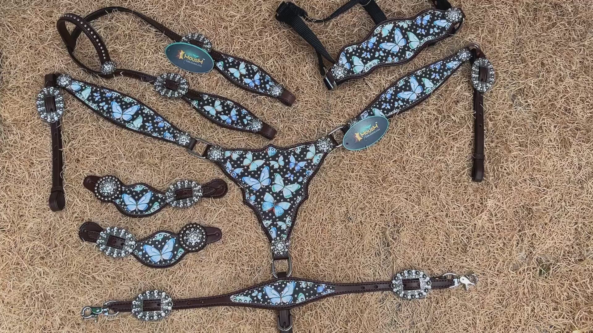 Western Leather Horse Tack Set – Headstall & Breast Collar Decorated with Blue & Turquoise Butterflies with Silver Rhinestone Conchos