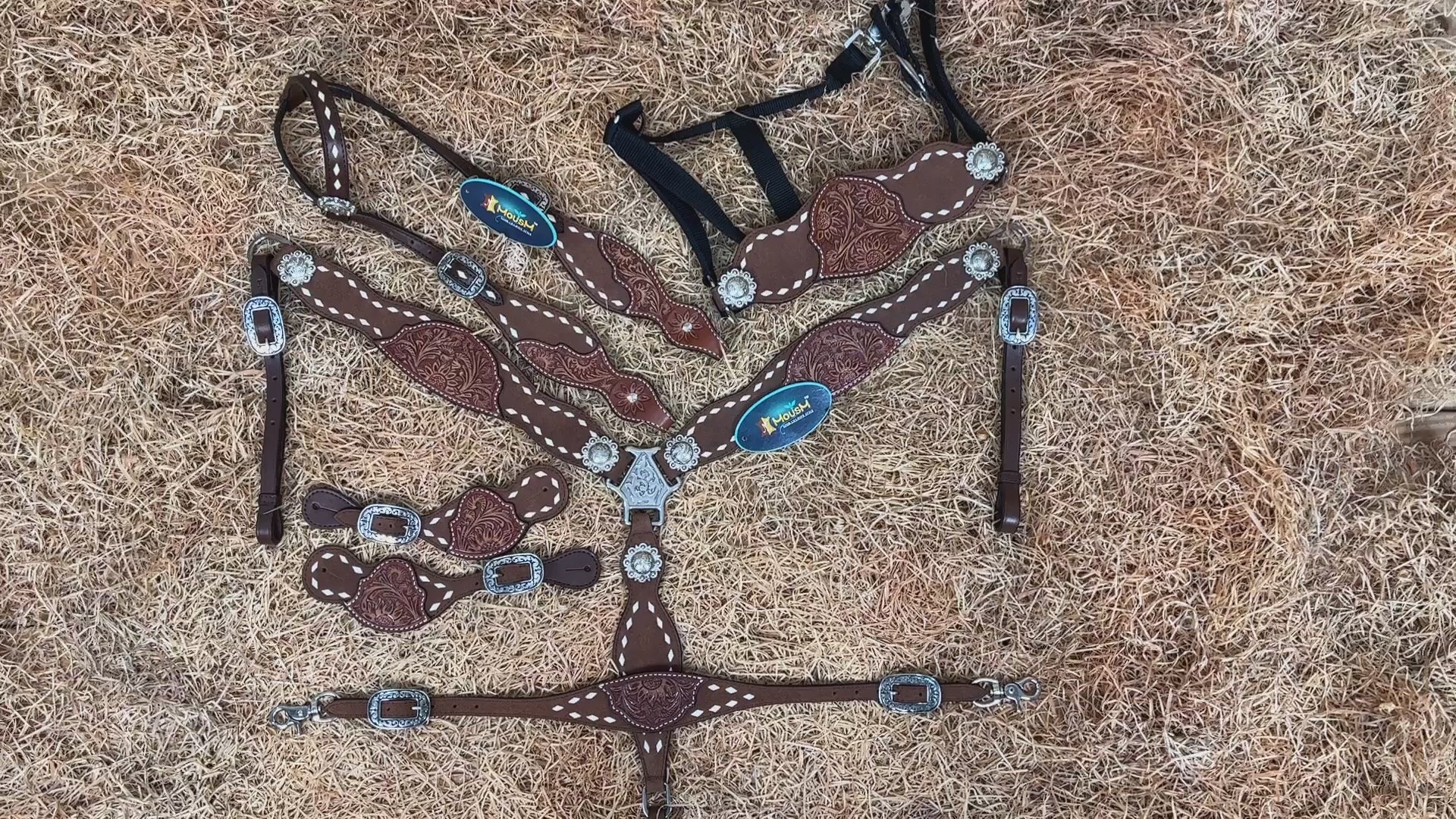 MOUSM Argentina Cow Leather Western Horse Tack Set – One Ear Headstall & Breast Collar, Bronc Halter, Wither & Spur Straps with Hand-Tooled Sunflower Carving & White Buck Stitching