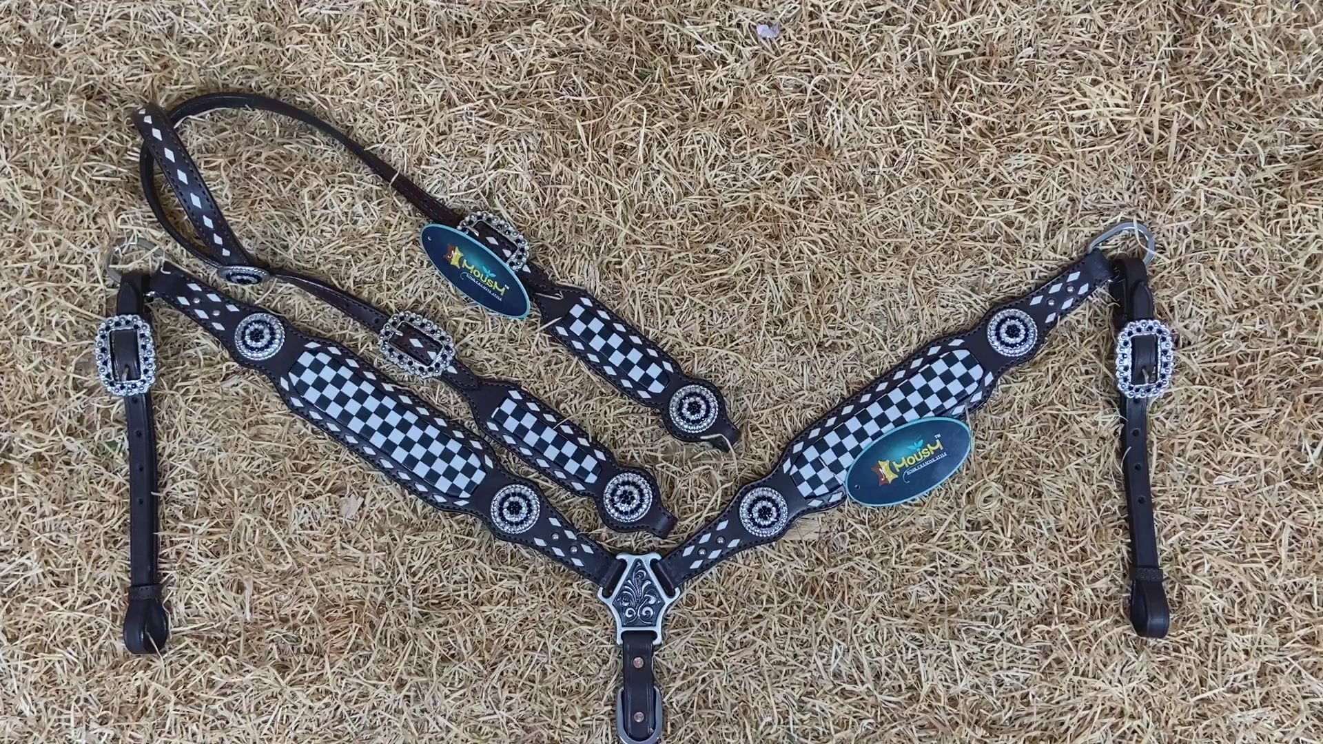 MOUSM Western Headstall & Breast Collar Set – Decorated With Black And White Checkered Pattern, Buck Stitching and Dazzling Round Conchos, All Antique Nickel Hardware