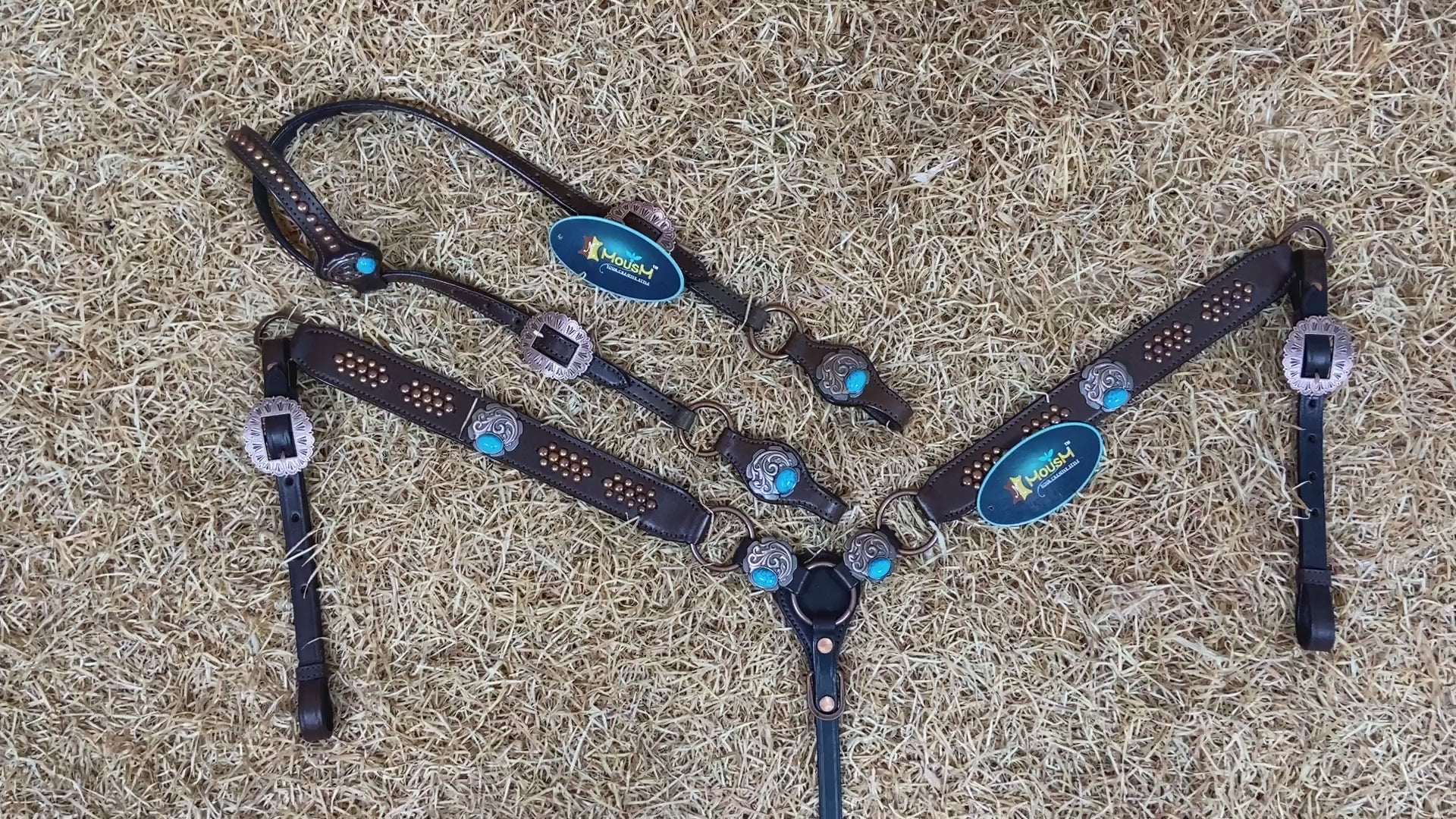 MOUSM Western One Ear Headstall Set – Genuine Argentine Cow Leather Headstall and Breast Collar Decorated with Copper Studs, Copper Conchos, and Turquoise Stones