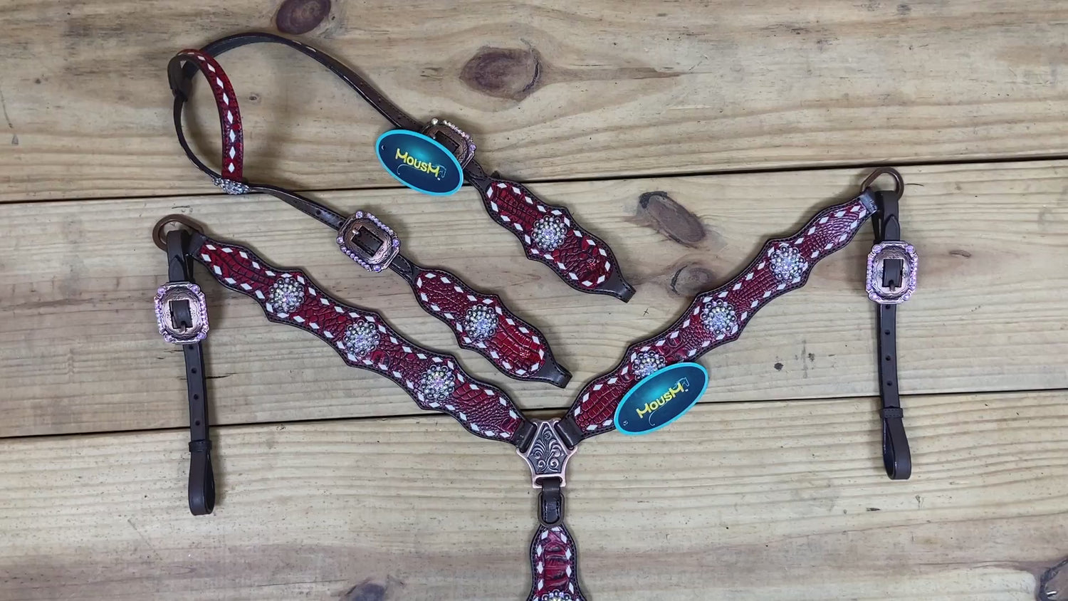 handcrafted western tack set made from argentina cow leather with ab rhinestone conchos with white rawhide buck stitching and red alligator design