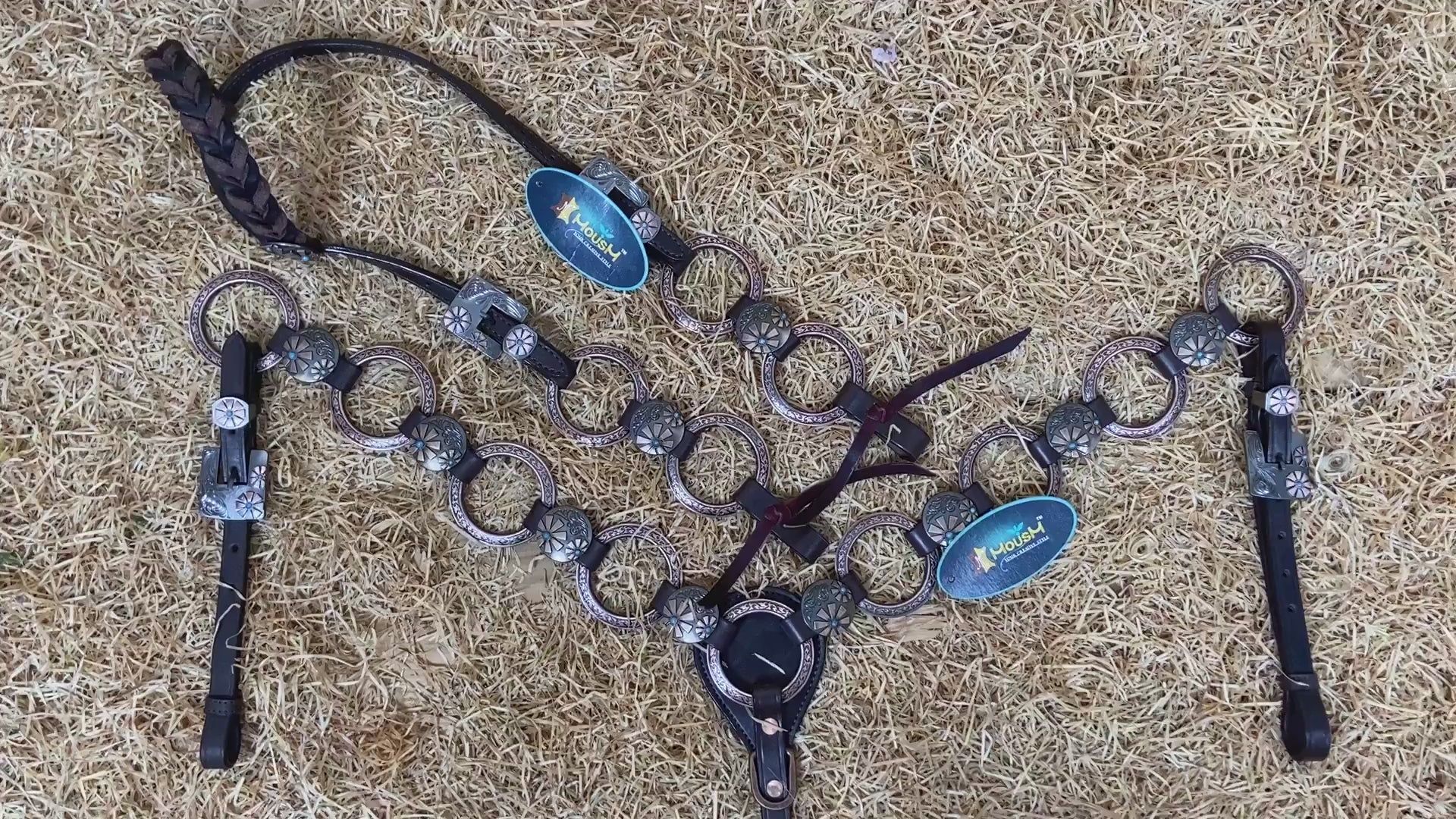 MOUSM Western Ring Headstall and Breast Collar Set – Handcrafted from Argentina Cowhide Leather, Twisted One-Ear Headstall, Decorated with Two-Tone Flower Conchos with Turquoise Stones, and Antique Copper Hardware