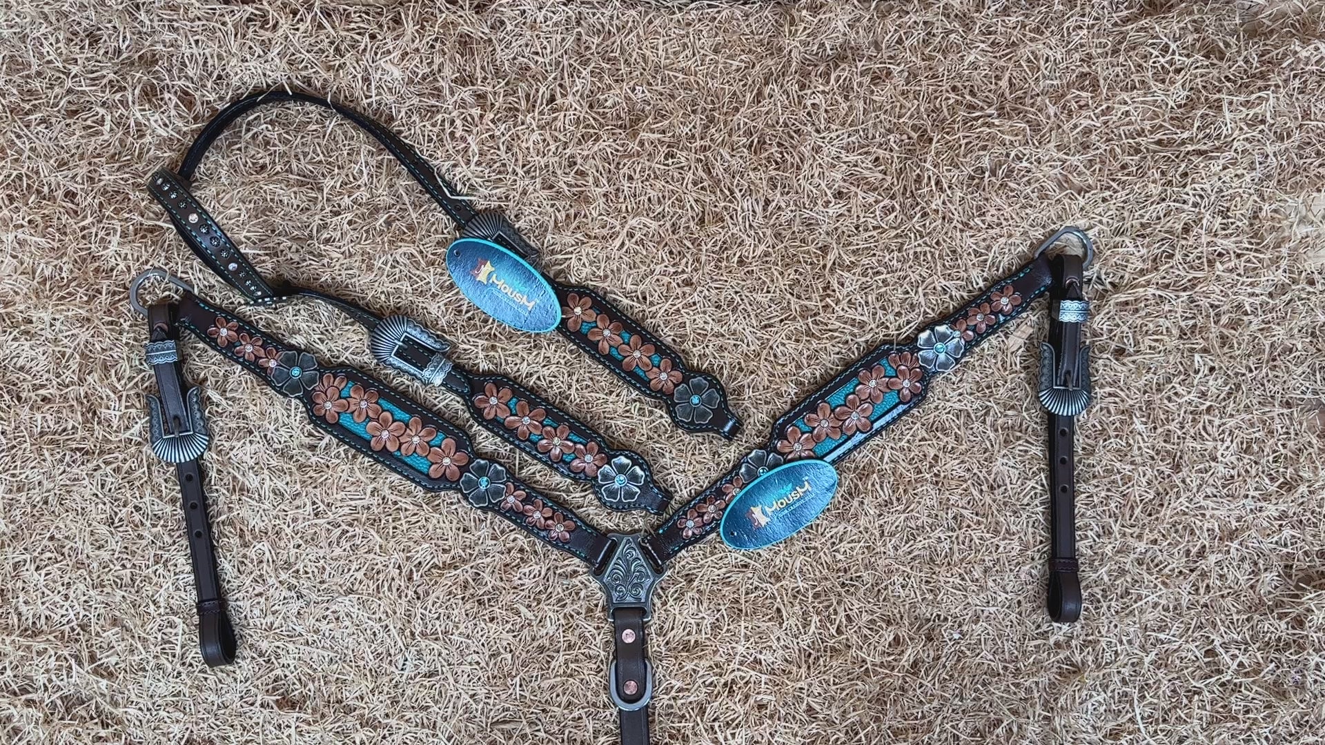 MOUSM Western Headstall and Breast Collar Set Decorated with Hand-Carved Floral Design in Teal Background, Antique Silver Flower Conchos