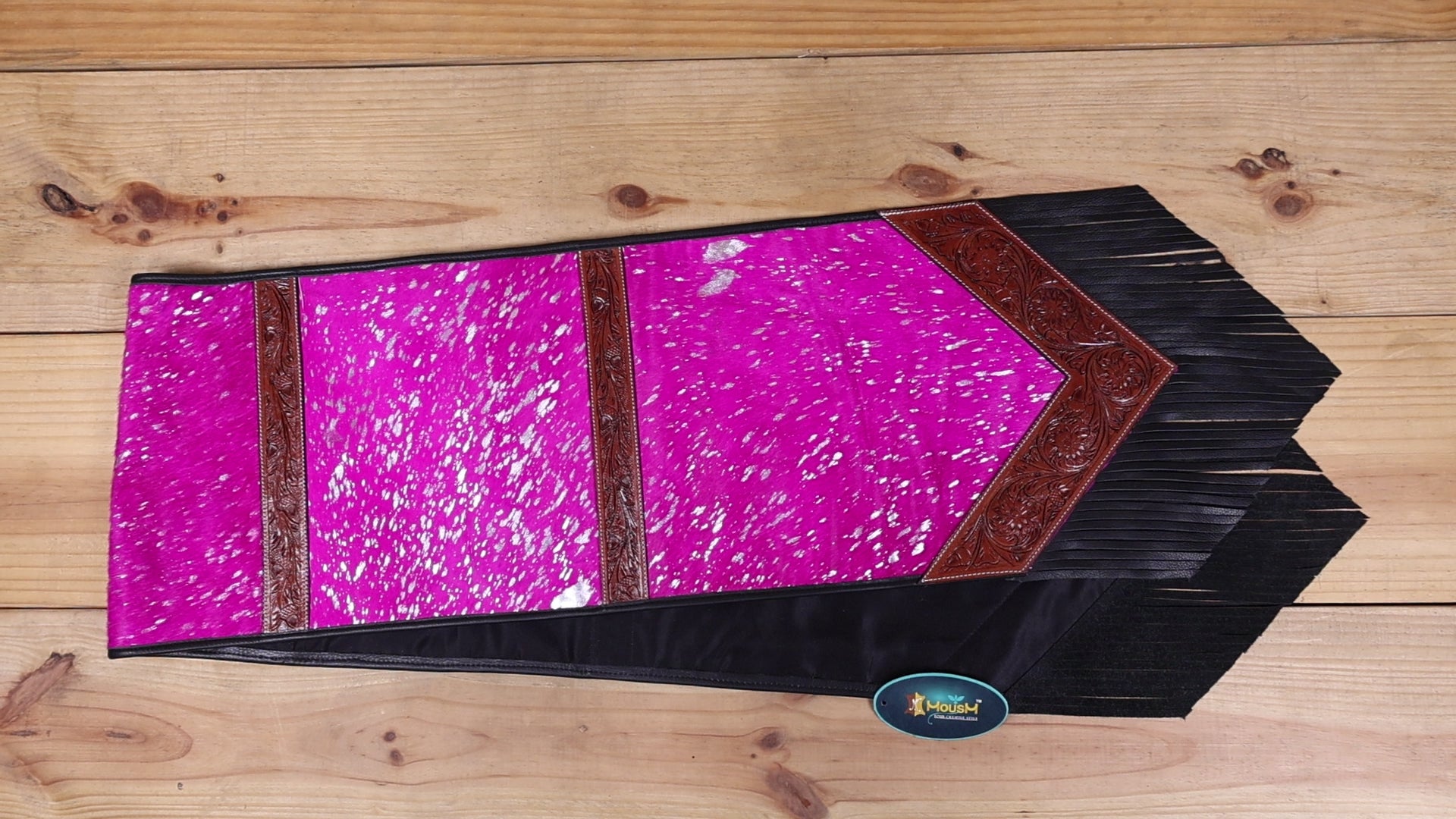MOUSM Table Runner - 72x12 Inches – Genuine Argentina Cowhide with Pink Metallic Acid Wash, Decorated with Tooled V-Shaped Corners and Dividing Patch for Bowl Placement, Black Fringe Edges
