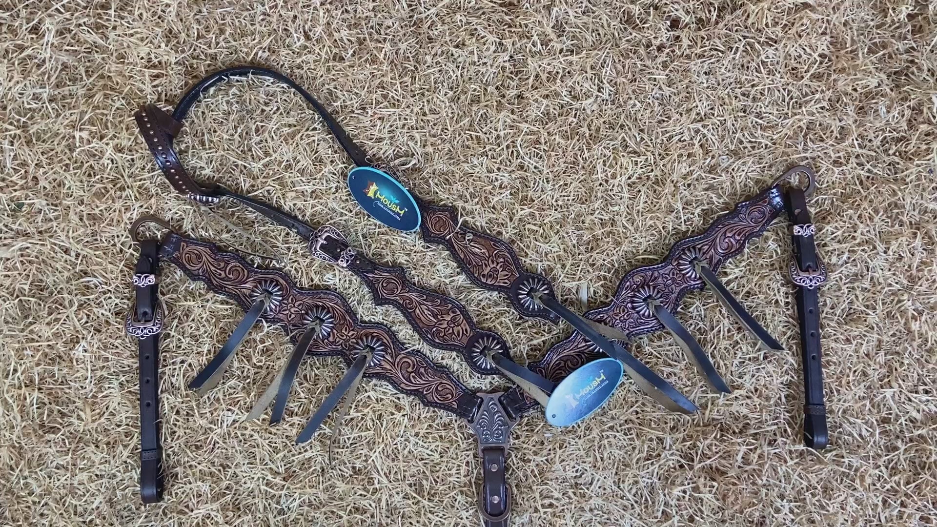 MOUSM Western Horse Headstall Set - Argentina Leather Tack Set Featuring with Flower Hand-Tooling and Mushroom Slot Concho with Roping