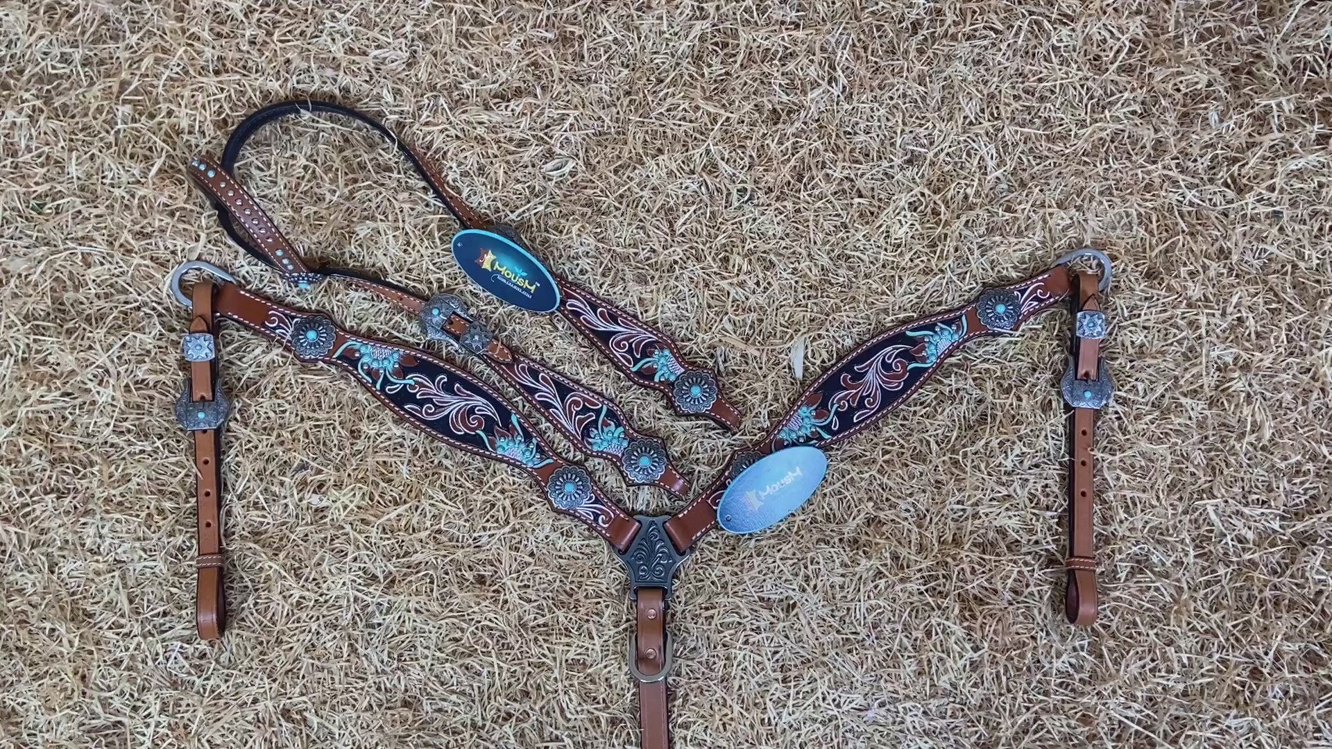 MOUSM Horse Headstall Set – Western Leather Headstall and Breast Collar Tack Set with Hand-Painted Floral Carving, Turquoise Stones, and Sunburst Conchos