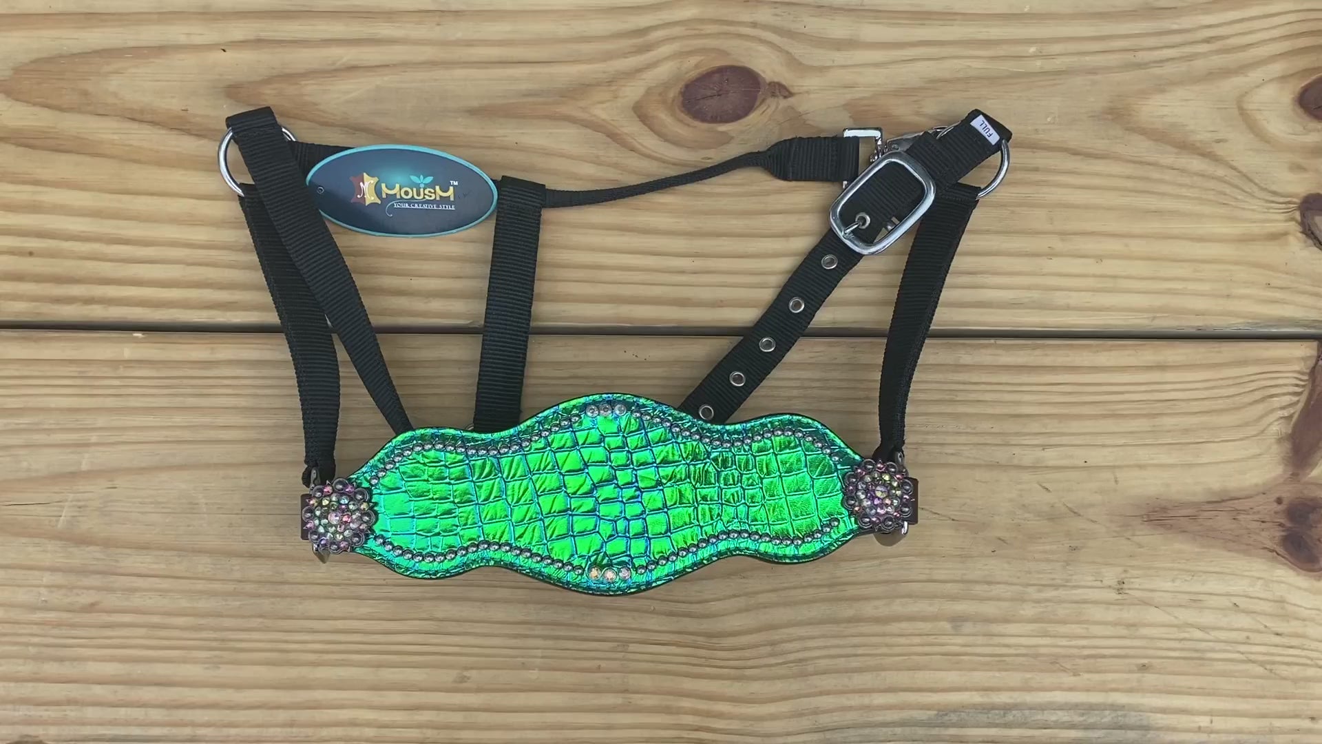 MOUSM Argentina Cow Leather Bronc Halter – Western Horse Halter Decorated with Holographic Turquoise Alligator Print and Rhinestone Concho