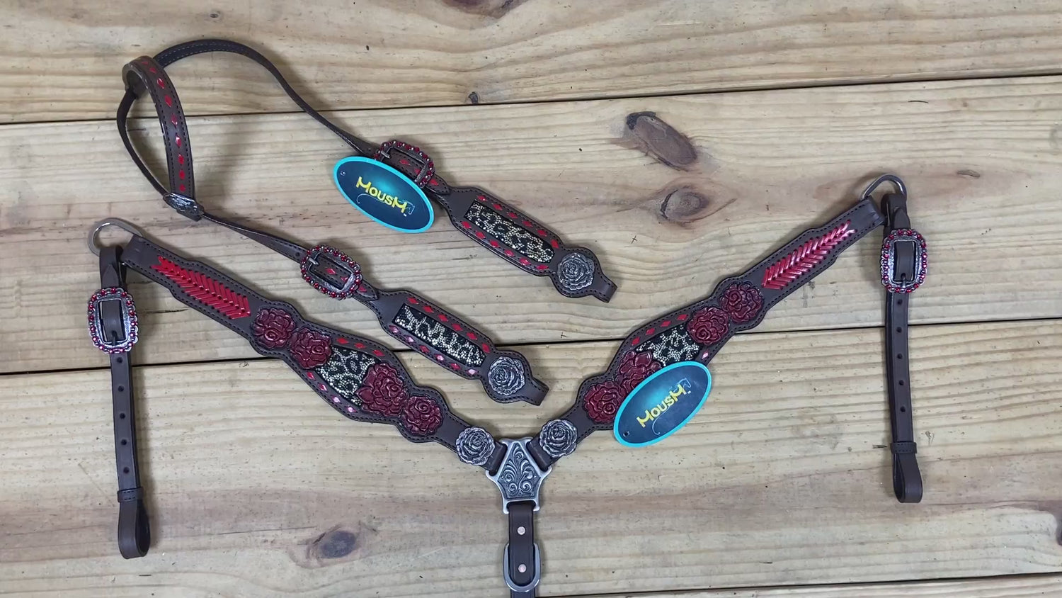 metallic leopard inlay western horse tack with rawhide bradding and rose carving