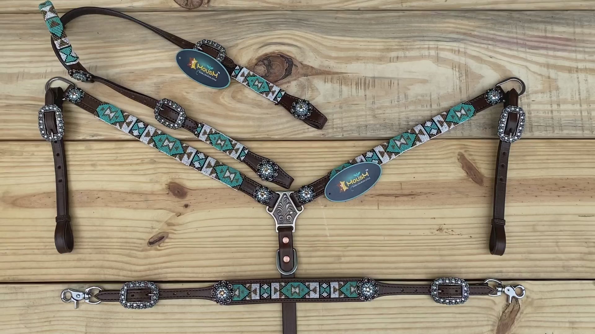 MOUSM Western Headstall & Breast Collar Set – Decorated with Argentina Cow Leather with Turquoise & White Hand-Beaded Southwestern Pattern & Rhinestone Buckles