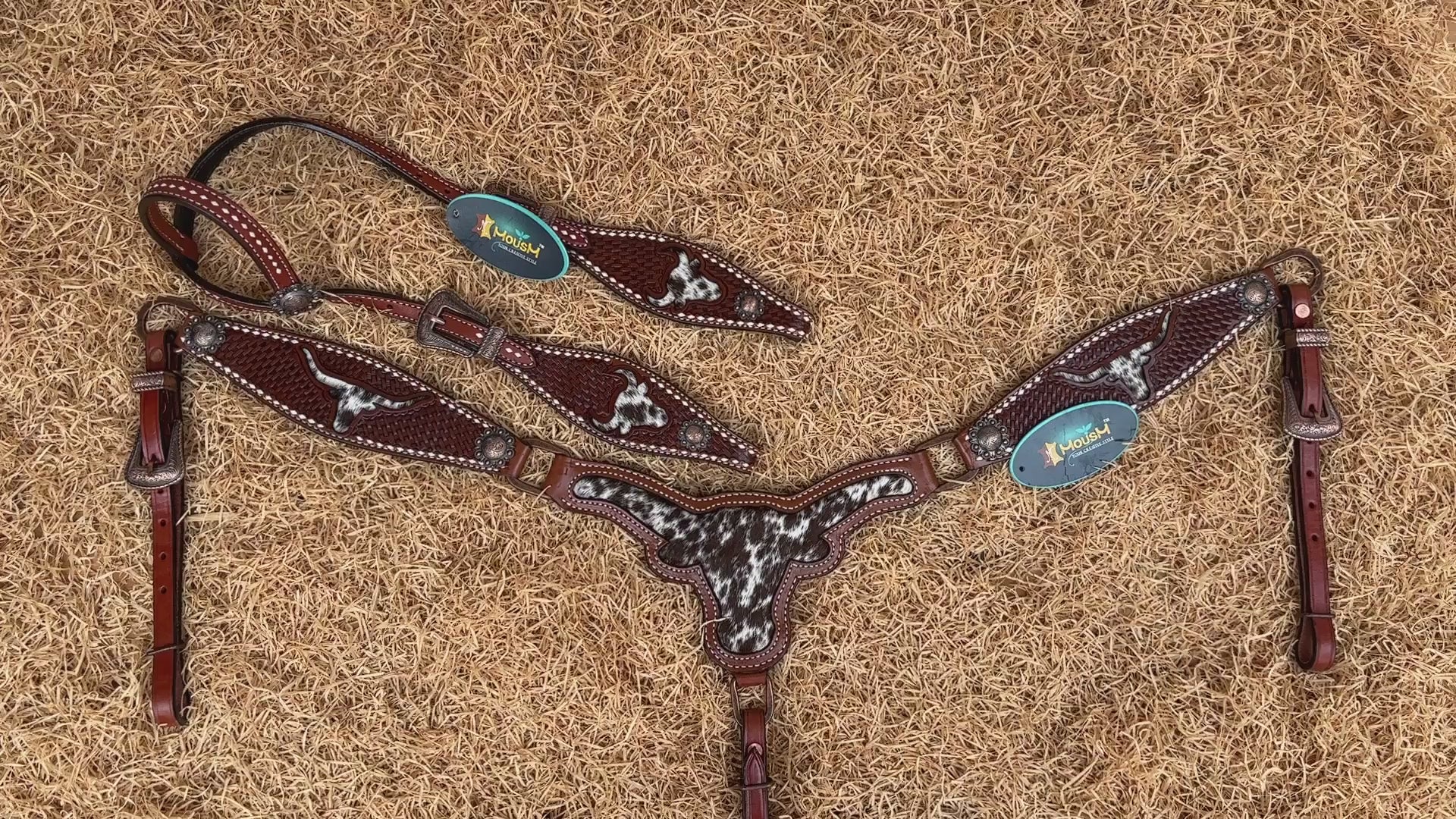 MOUSM Western Breast Collar and Headstall Set - Made from Argentina Cow Leather Horse Headstall Set Decorated with Basket Tooling with Bull Head Cutout & Cowhide Inlay