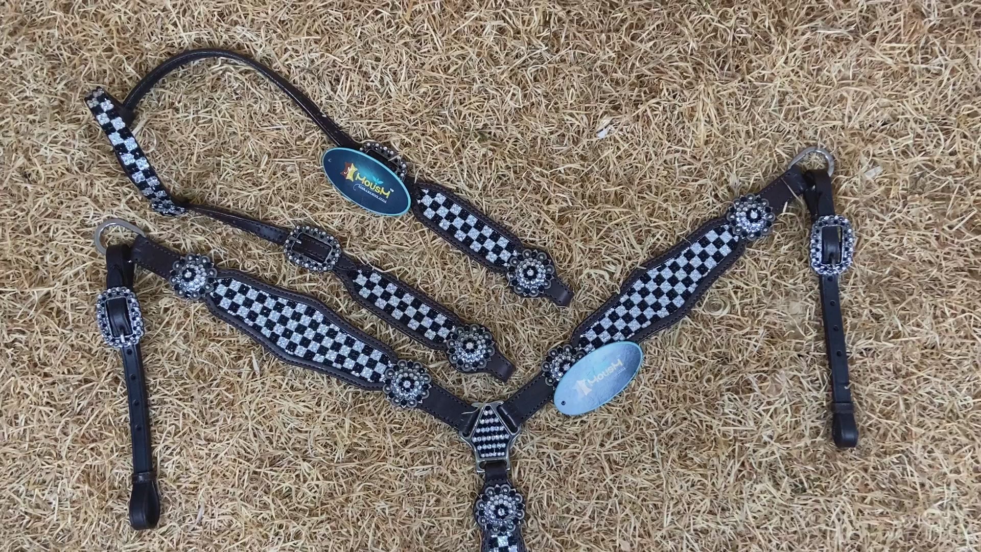 MOUSM Western Headstall and Breast Collar Set - Made with Argentina Cow Leather Decorated with Black and White Dazzle Stone Checkered Design with Bling Berry Conchos, All Antique Nickel Hardware