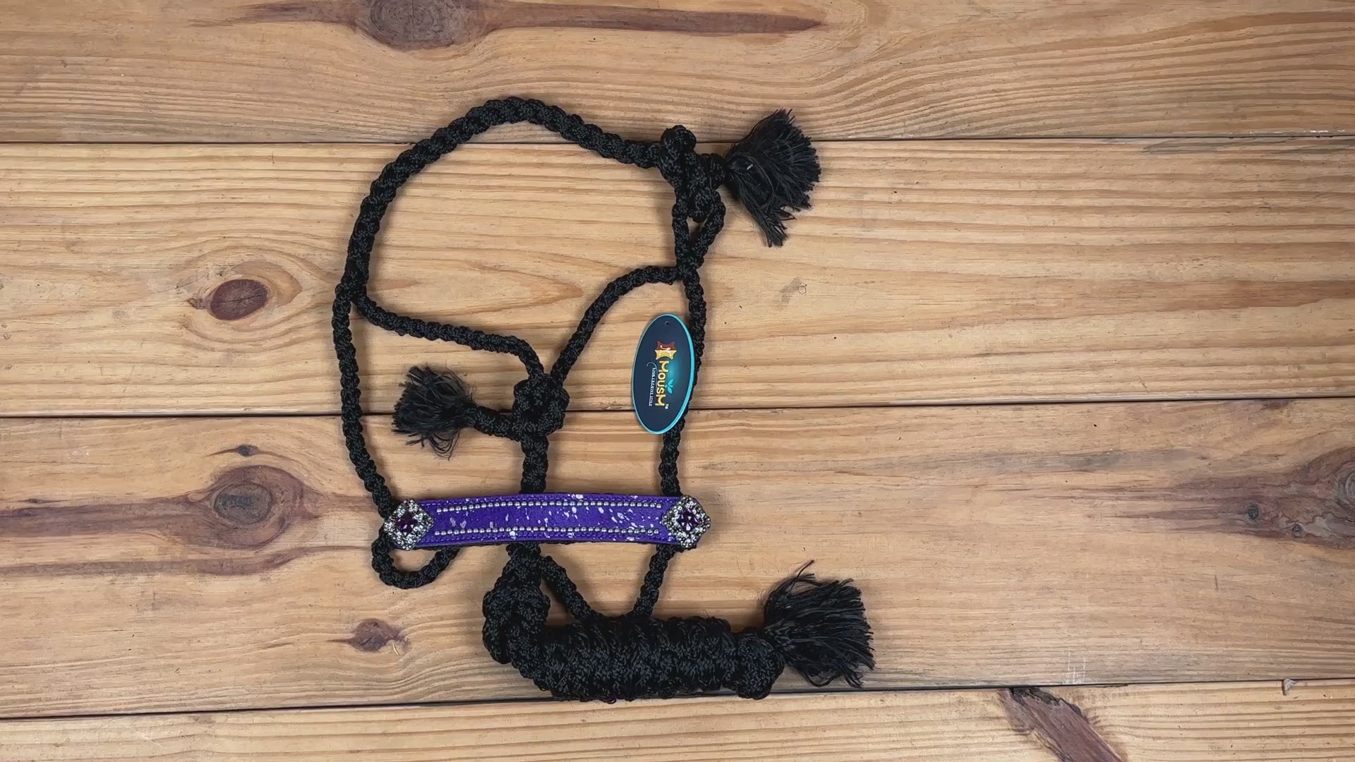 MOUSM Mule Halter for Horse with 1.5" Inches Width Leather Noseband Decorated with Purple Acid Wash Hair on Cowhide Leather and Crystal Rhinestone Concho, 7.5&