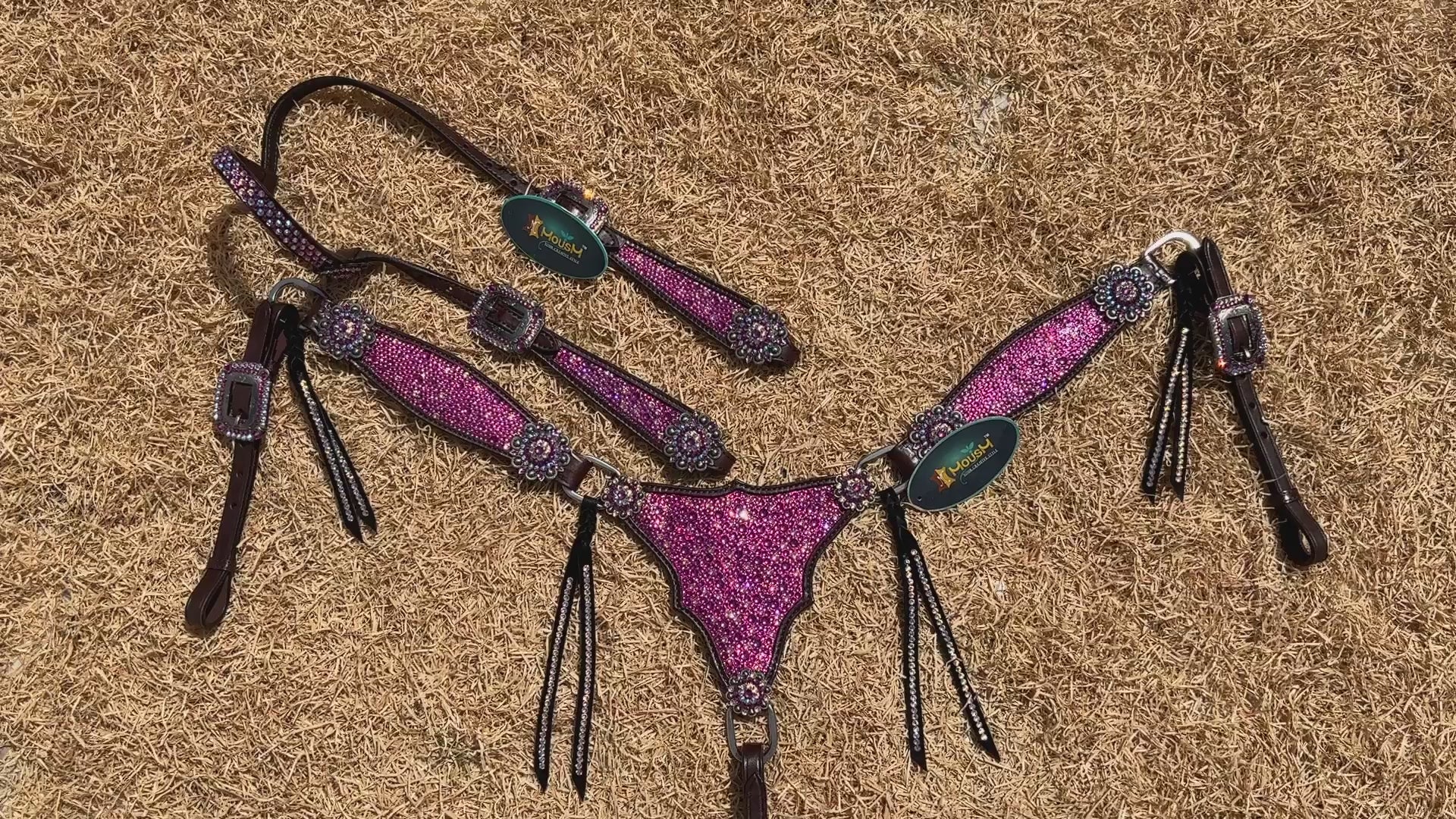 MOUSM Western Argentina Cow Leather Headstall & Breast Collar Set – Decorated with Pink Rhinestones on Gladiator Design, Bling ON Strings & Berry Conchos