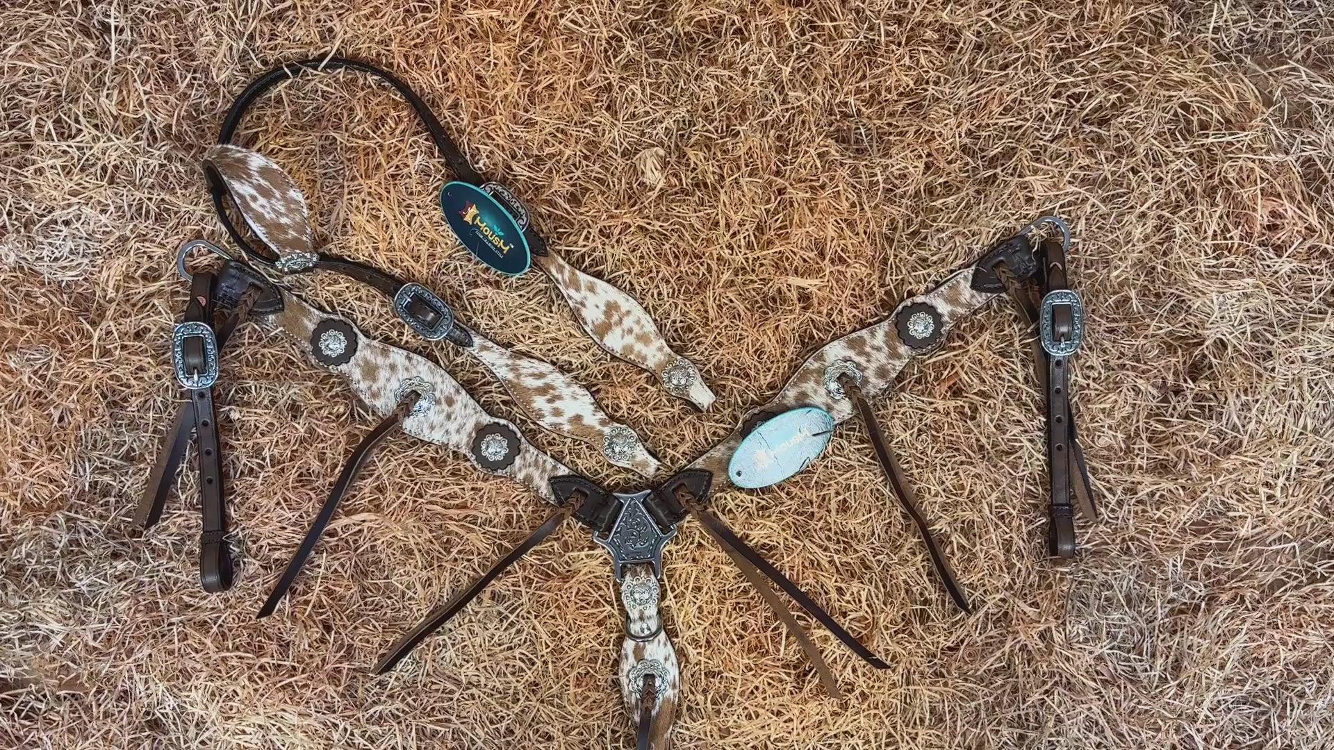 MOUSM Argentina Cow Leather Western Leather Headstall and Breast Collar Tack Set Decorated with Genuine White-Brown Cowhide, Metal Flower Conchos, and Brown Leather Strings