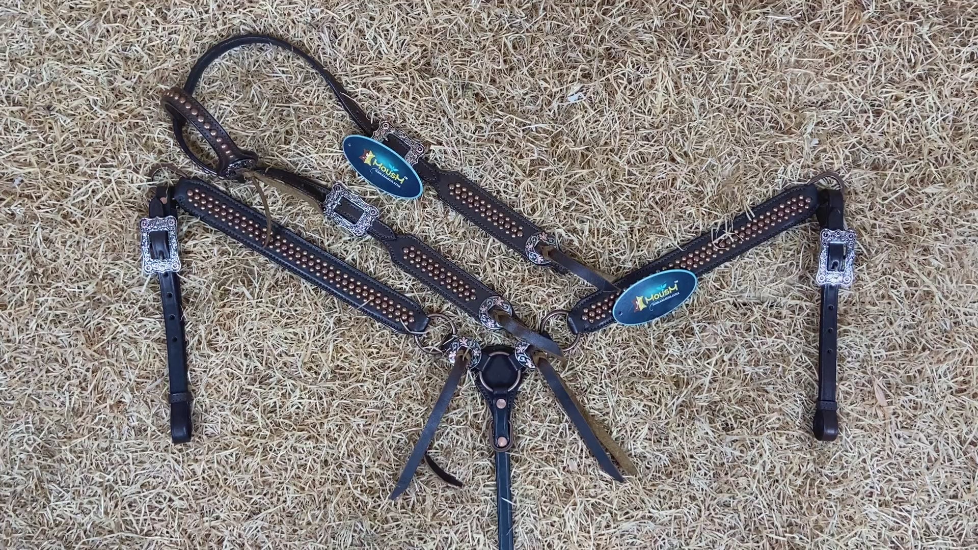 MOUSM Horse Tack Set – Western One Ear Headstall and Breast Collar, Crafted from Argentina Cow leather, Decorated with Copper Studs and Copper Slot Conchos with Leather Strings on the Breast Collar