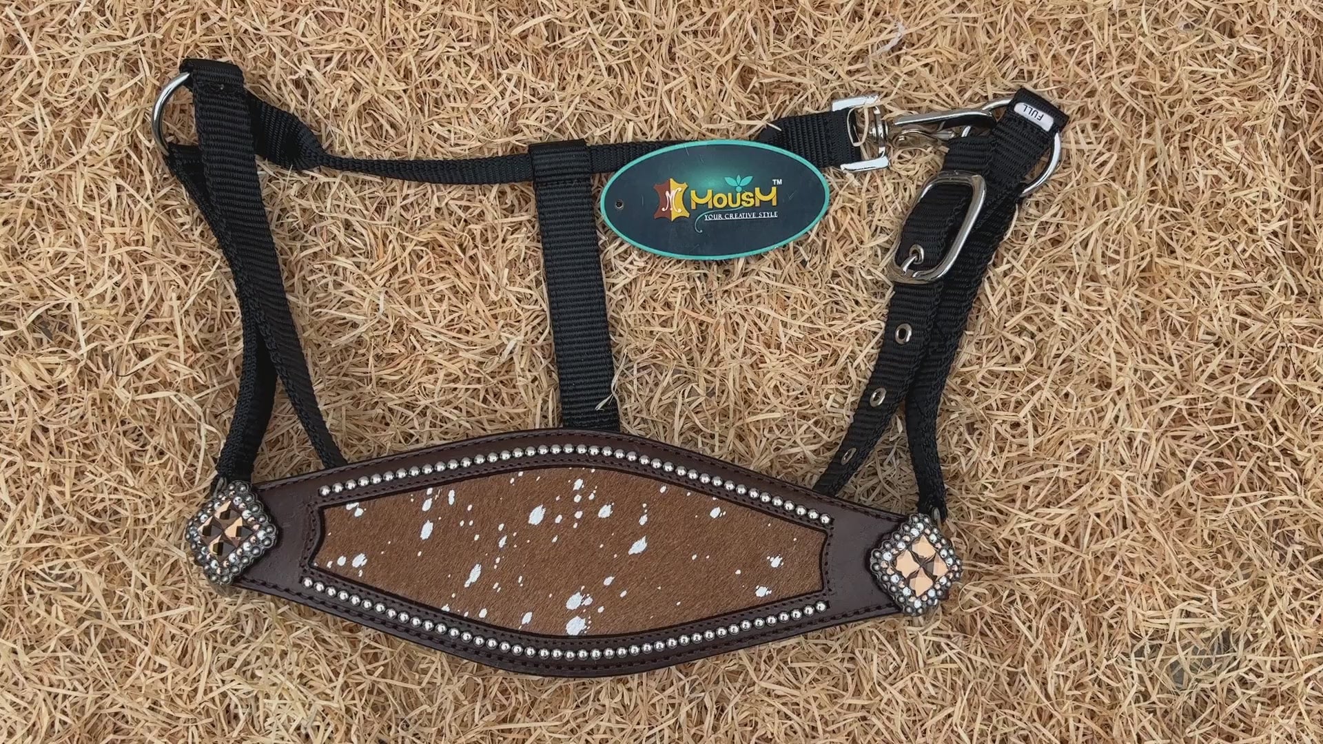 MOUSM Argentina Cow Leather Bronc Halter - Western Horse Noseband Decorated with Tan Brown Metallic Acid Wash Cowhide and Rhinestones Conchos