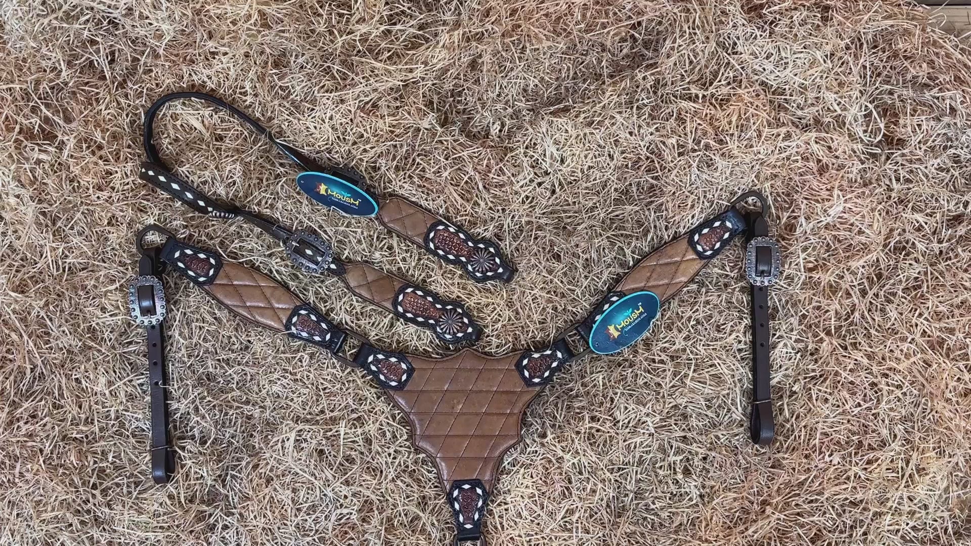 MOUSM Argentina Cow Leather Headstall & Breast Collar Set – Western Horse Tack with Geometrical Stitching & Leather Padded Design