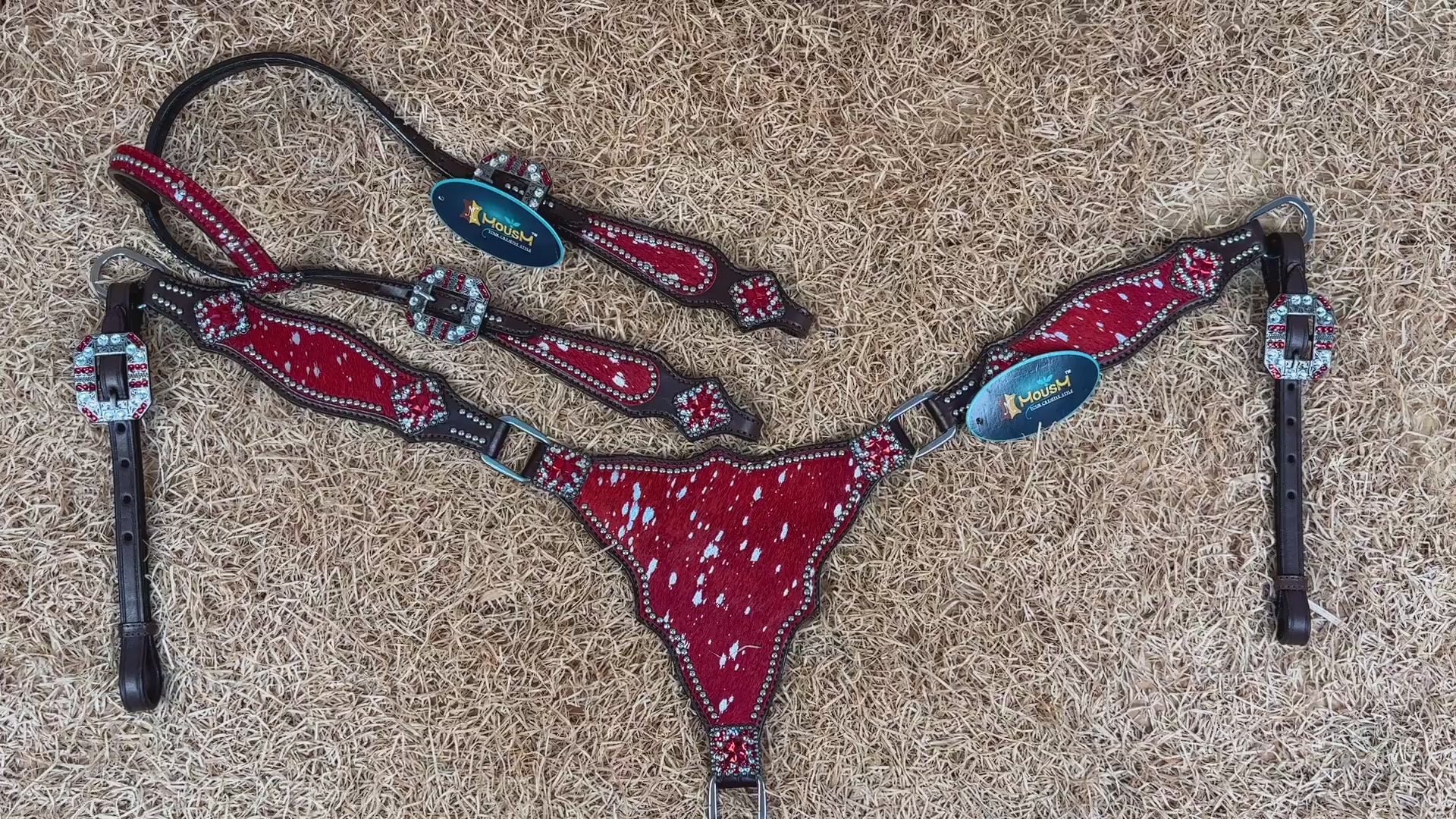 MOUSM Western Headstall & Breast Collar Set – Made with Genuine Argentina Cow Leather Decorated Middle Leather Patch with Red Silver Metallic Acid Wash Cowhide