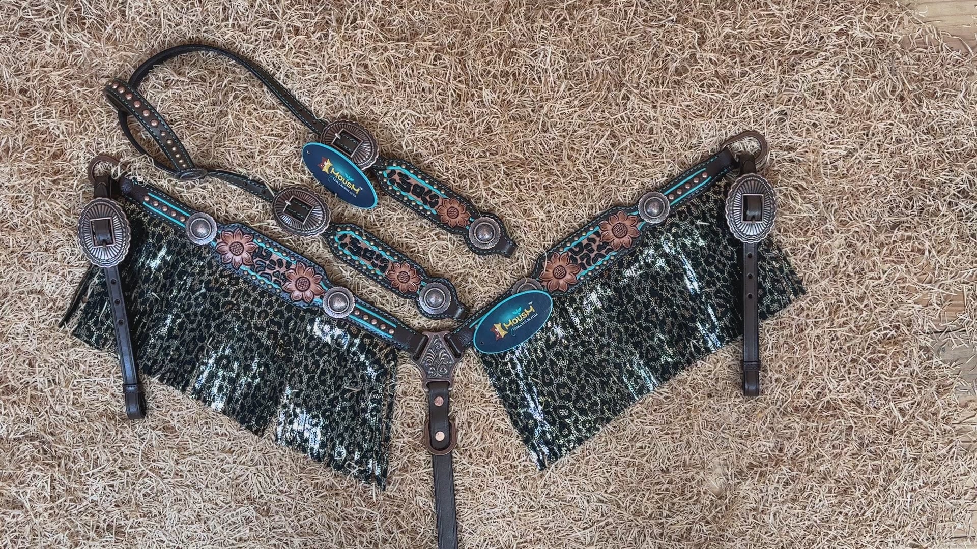 MOUSM Western Headstall and Breast Collar Set - Made with Argentina Cow Leather, Headstall Set Decorated with Leopard Fringe & Copper Studs on Breast Collar, Cheek Pieces and One-Ear