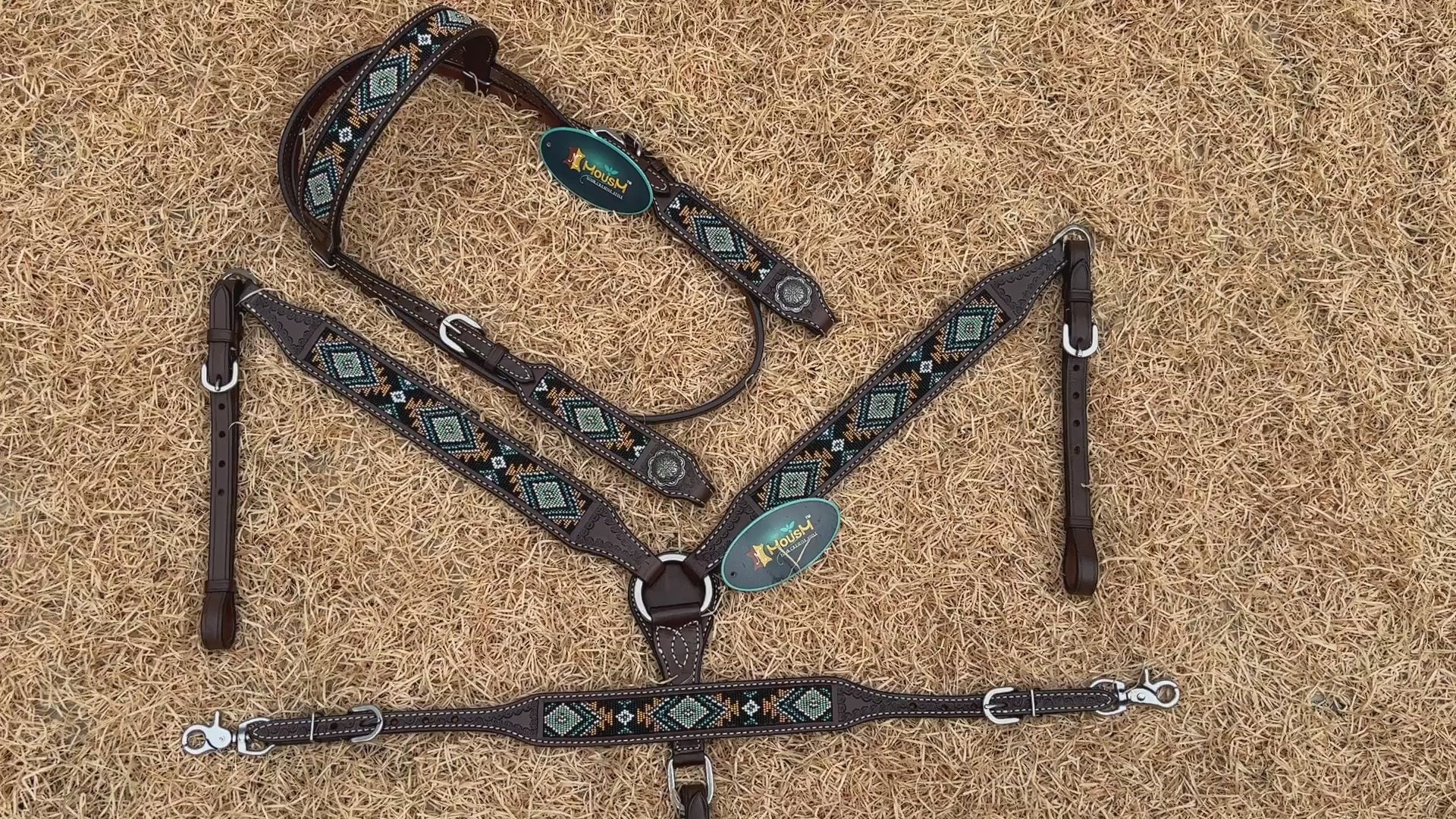 MOUSM Western Browband Headstall & Breast Collar Set – Argentina Cow Leather with Hand-Beaded Inlay & Antique Silver Conchos