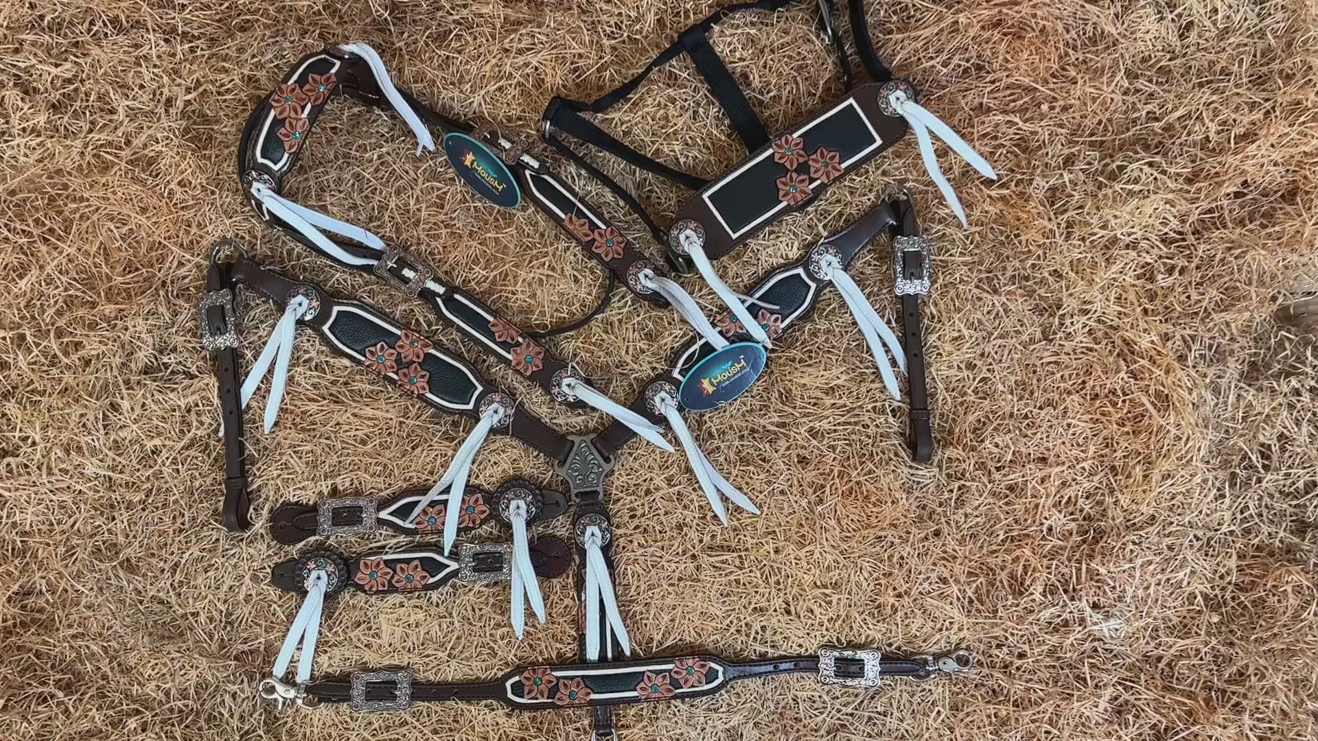 MOUSM Argentina Cow Leather Western Horse Tack Set – Browband Headstall & Breast Collar, Bronc Halter, Wither & Spur Straps, Decorated with Flower Carving and White String