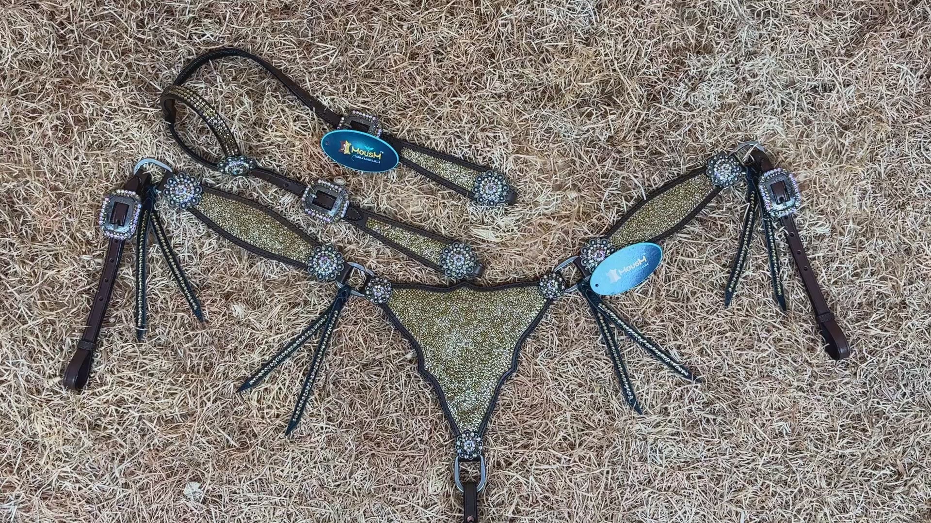 MOUSM Western Headstall and Breast Collar Set – Argentina Cow Leather Horse Tack Set Decorated with Topaz Rhinestones on Gladiator Breast Collar with Roping and Bling Conchos