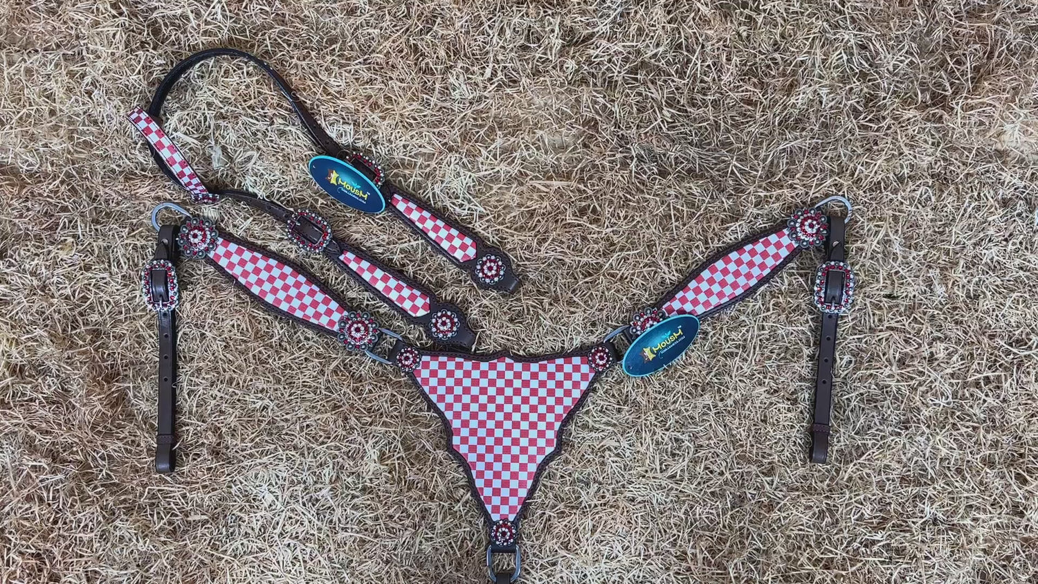 MOUSM Western Leather Headstall and Breast Collar Set – Argentina Cow Leather Horse Tack Set Decorated with Orange Checkered Vector Flags Illustration Design on White Background and Shining Rhinestone Conchos.