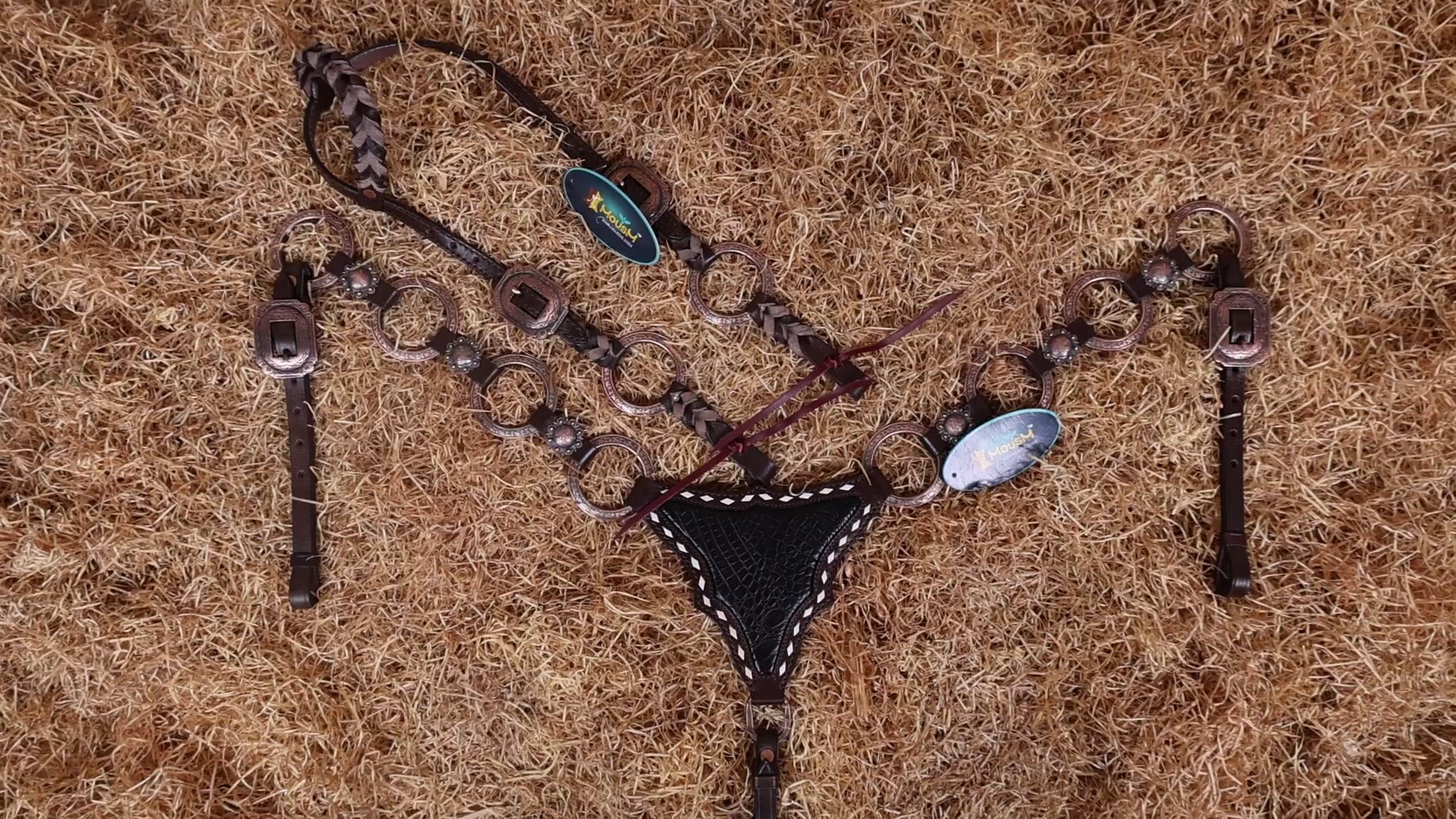 MOUSM Western Headstall and Breast Collar Set – Ring Headstall with Copper Rings and Cowhide Braiding, Breast Collar with Black Alligator Leather Patch and Buck Stitching.