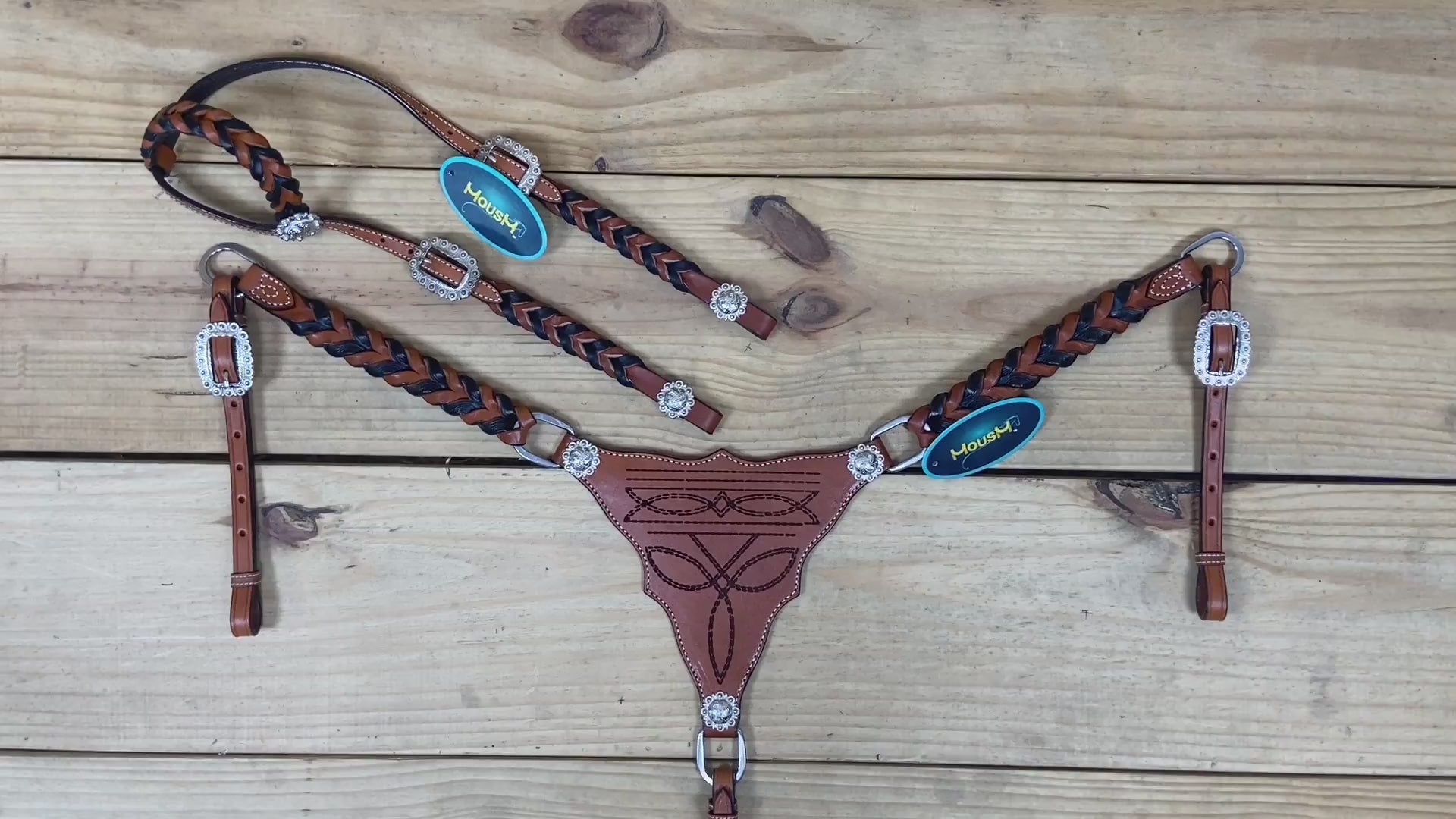 Western Headstall Set Decorated with Twisted Leather Braiding on Cheekpiece and One Ear, Cowboy Boot Engraved Gladiator Breast Collar MOUSM