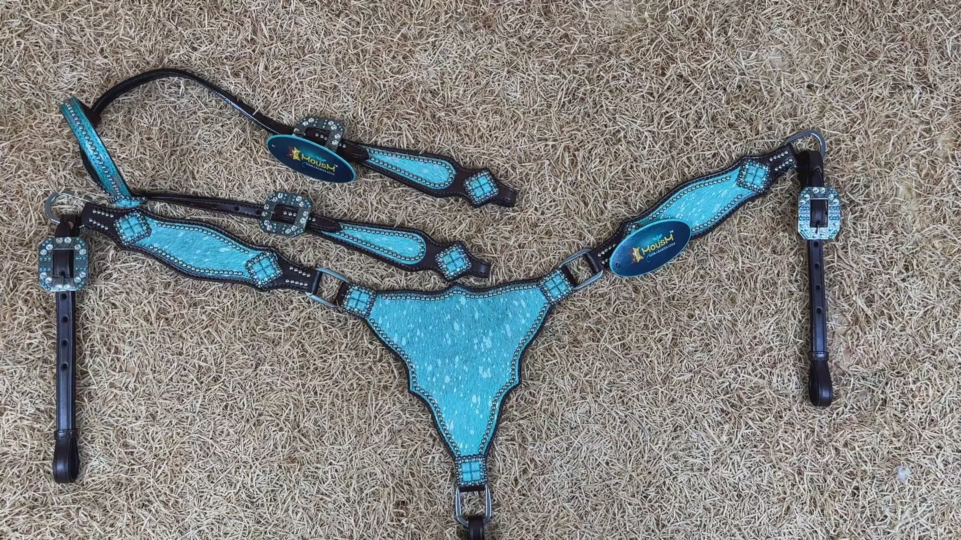 MOUSM Western Headstall & Breast Collar Set – Made with Genuine Argentina Cow Leather Decorated Middle Leather Patch with Turquoise Metallic Acid Wash Cowhide