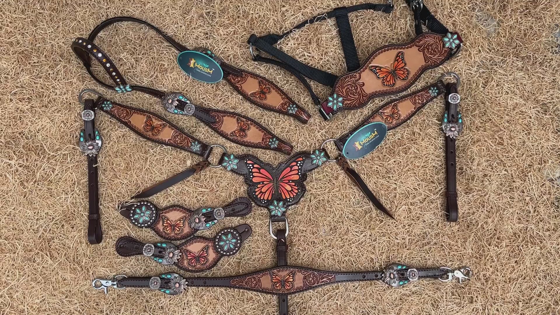 MOUSM Western Leather Horse Tack Set – Headstall & Breast Collar Decorated with Hand-Painted Butterfly Design with Carving, Antique Finish & Turquoise Flower Conchos