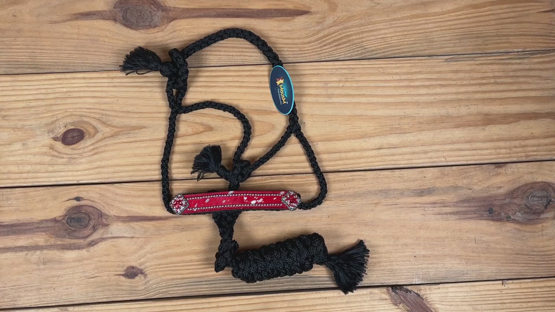 MOUSM Nylon Mule Halter for Horse – Decorated with Red Acid Wash Hair on Cowhide Leather Noseband 1.5" Inches Wide and Crystal Rhinestone Concho, 7.5&