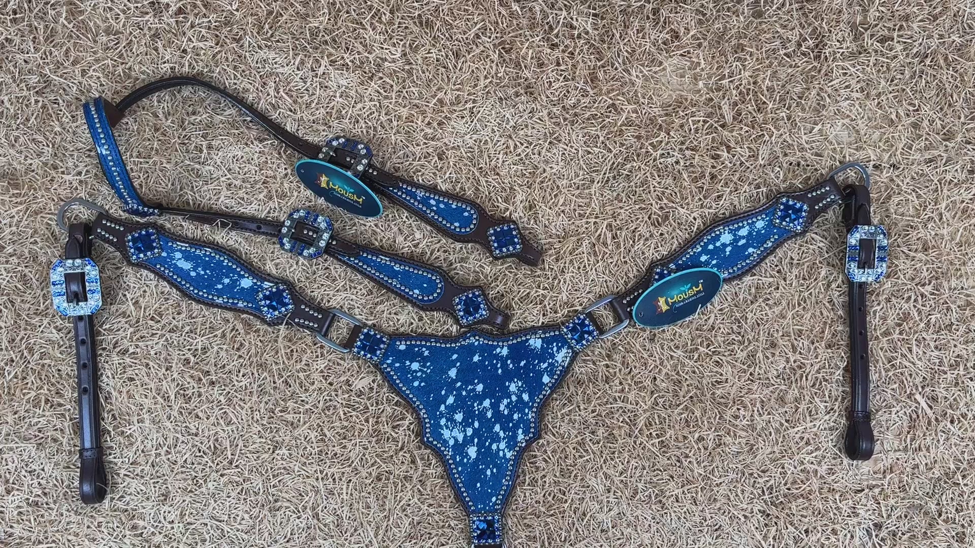 MOUSM Western Headstall & Breast Collar Set – Made with Genuine Argentina Cow Leather Decorated Middle Leather Patch with Royal Blue Metallic Acid Wash Cowhide
