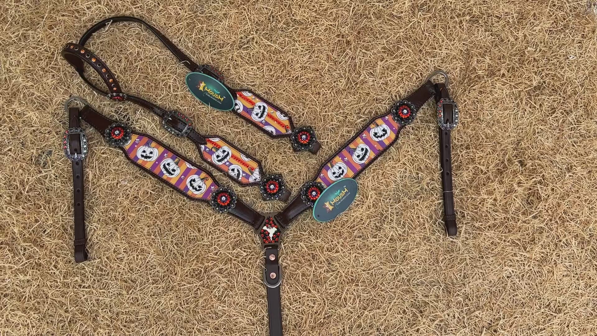 MOUSM Spooky Halloween Western Headstall & Breast Collar Set – Made from Argentina Cow Leather with Laughing Pumpkin Print & Rhinestone Conchos on Vibrant Striped Background